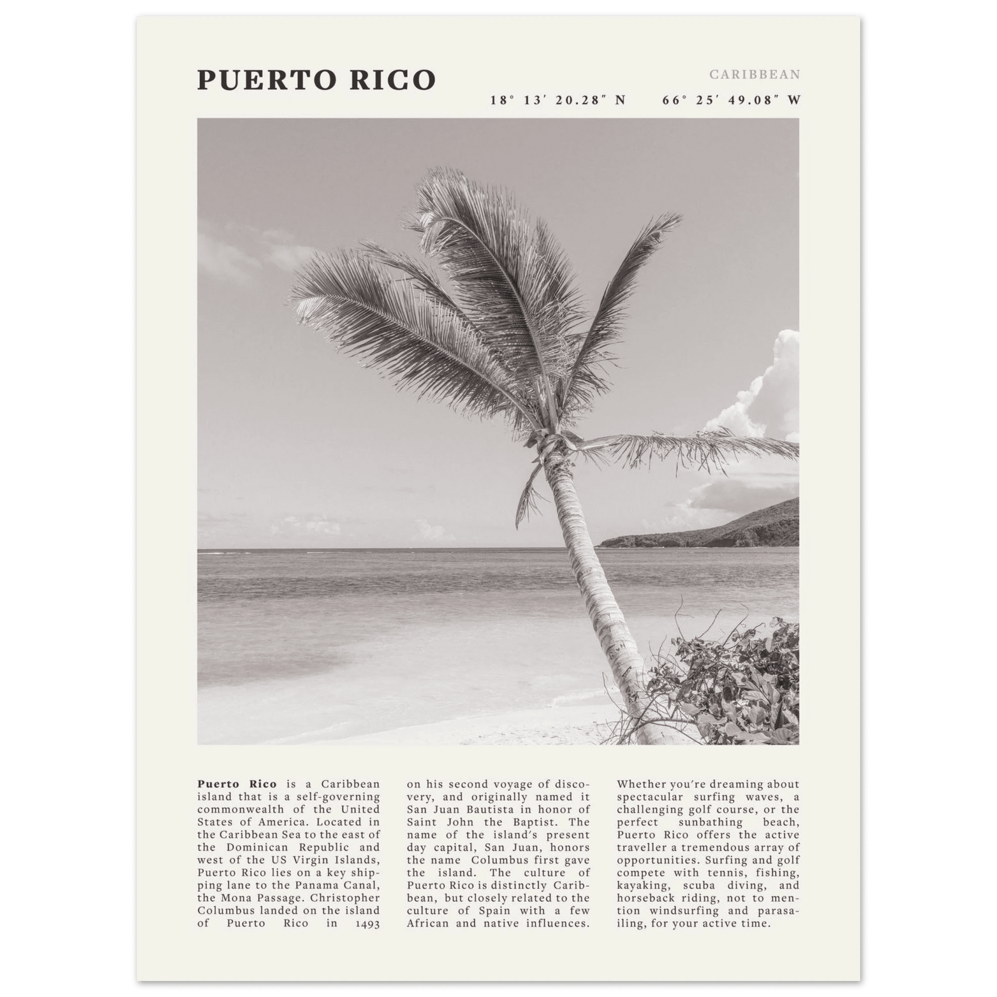 Puerto Rico Poster Black and White – Vintage Caribbean Palm Beach Print (Digital & Printed Options) - Evergreen Posters