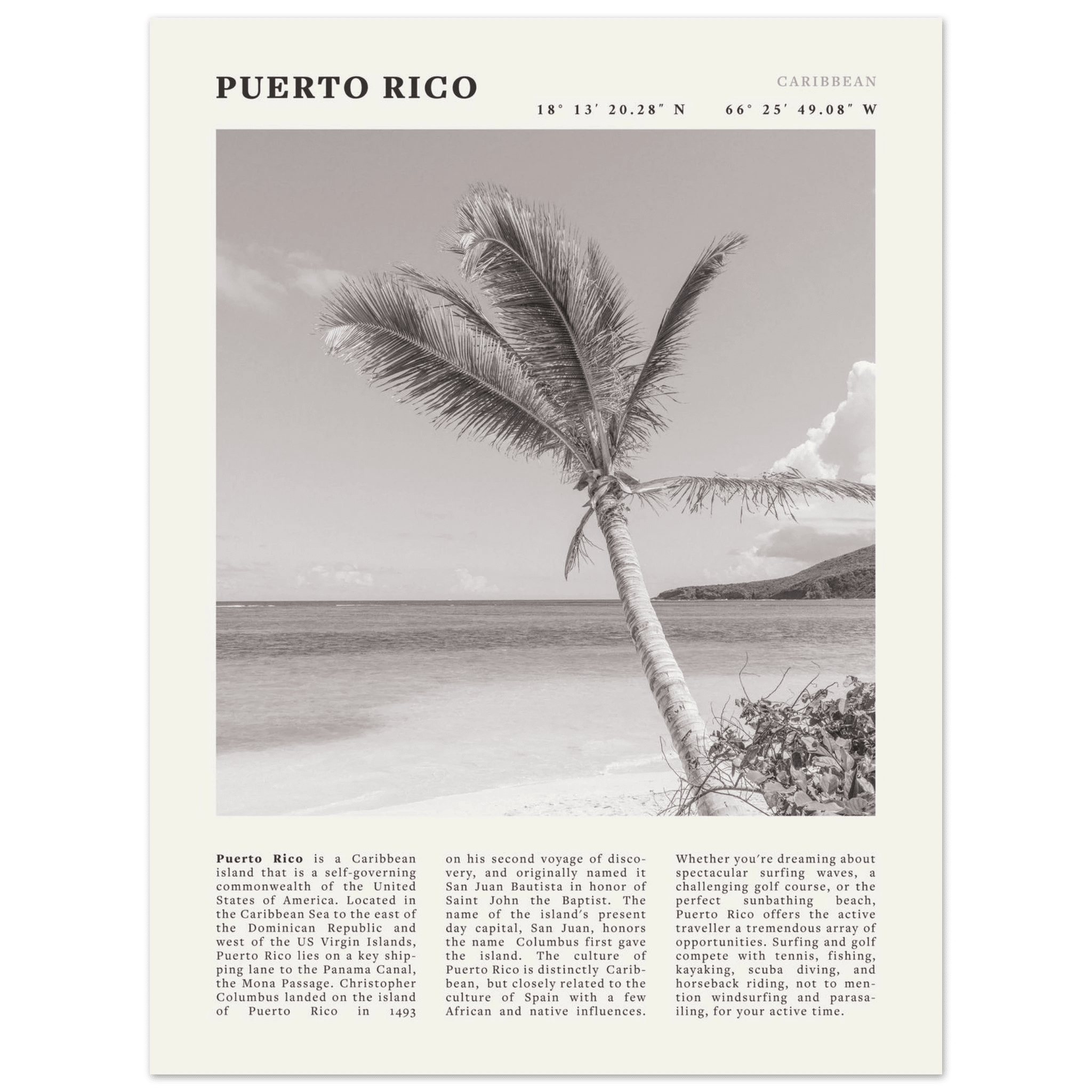 Puerto Rico Poster Black and White – Vintage Caribbean Palm Beach Print (Digital & Printed Options) - Evergreen Posters