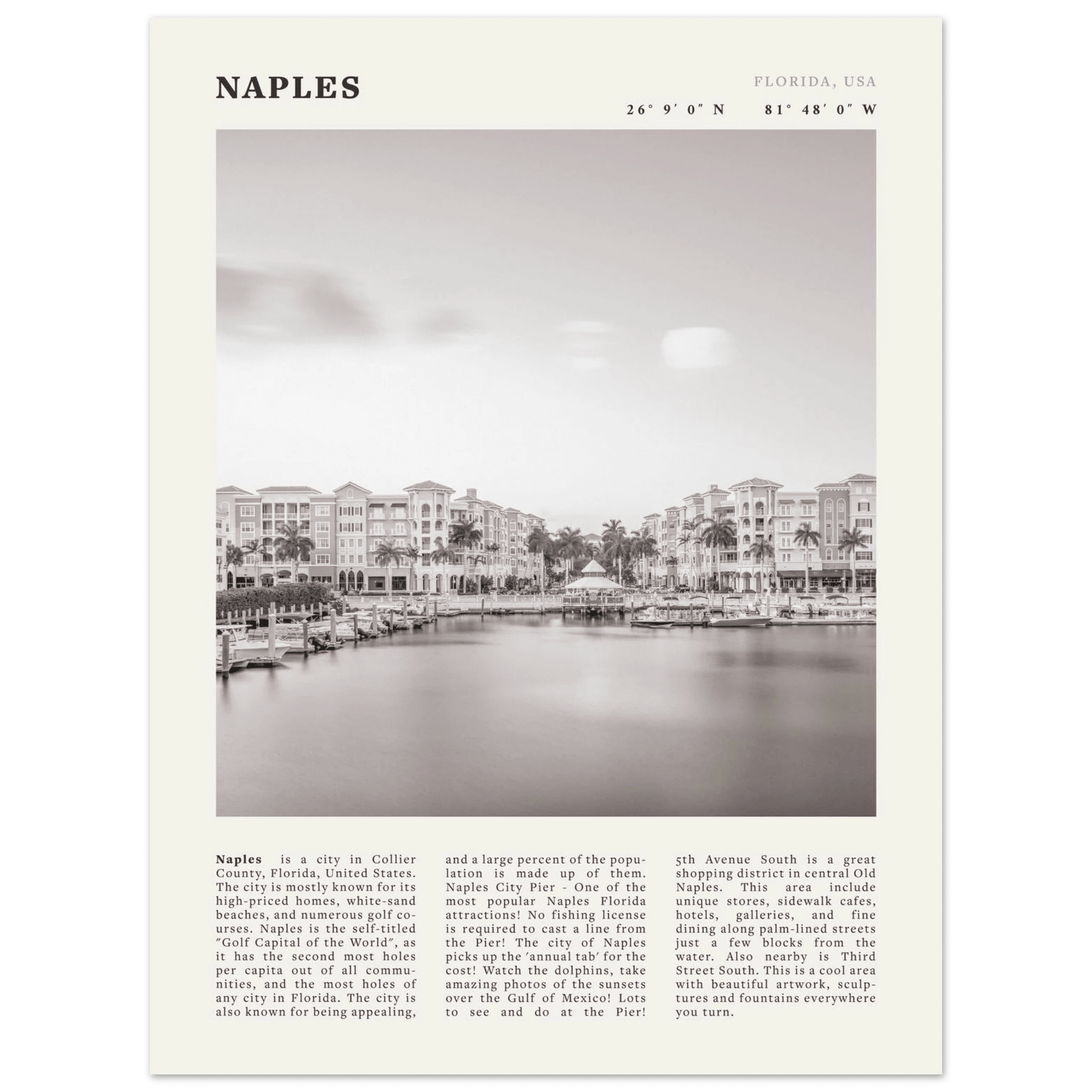 Naples Florida Poster | Black & White Gulf Coast Wall Art | FL Travel Print - Evergreen Posters