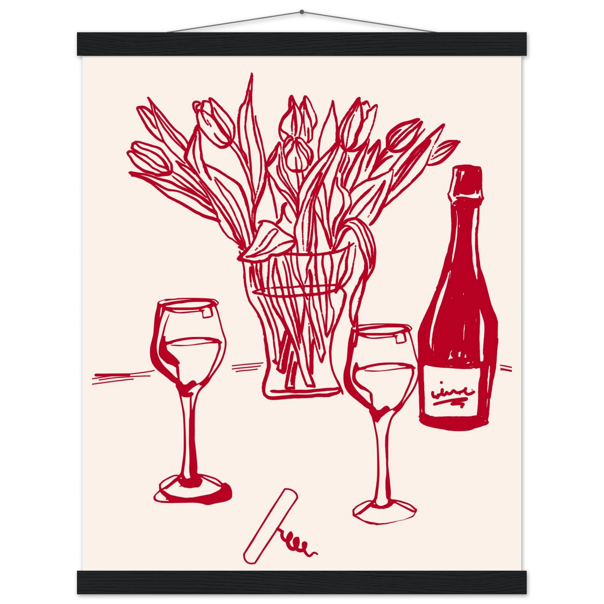 Red Wine & Tulips Print | Line Art Wine Bottle Wall Art | Kitchen Poster - Evergreen Posters