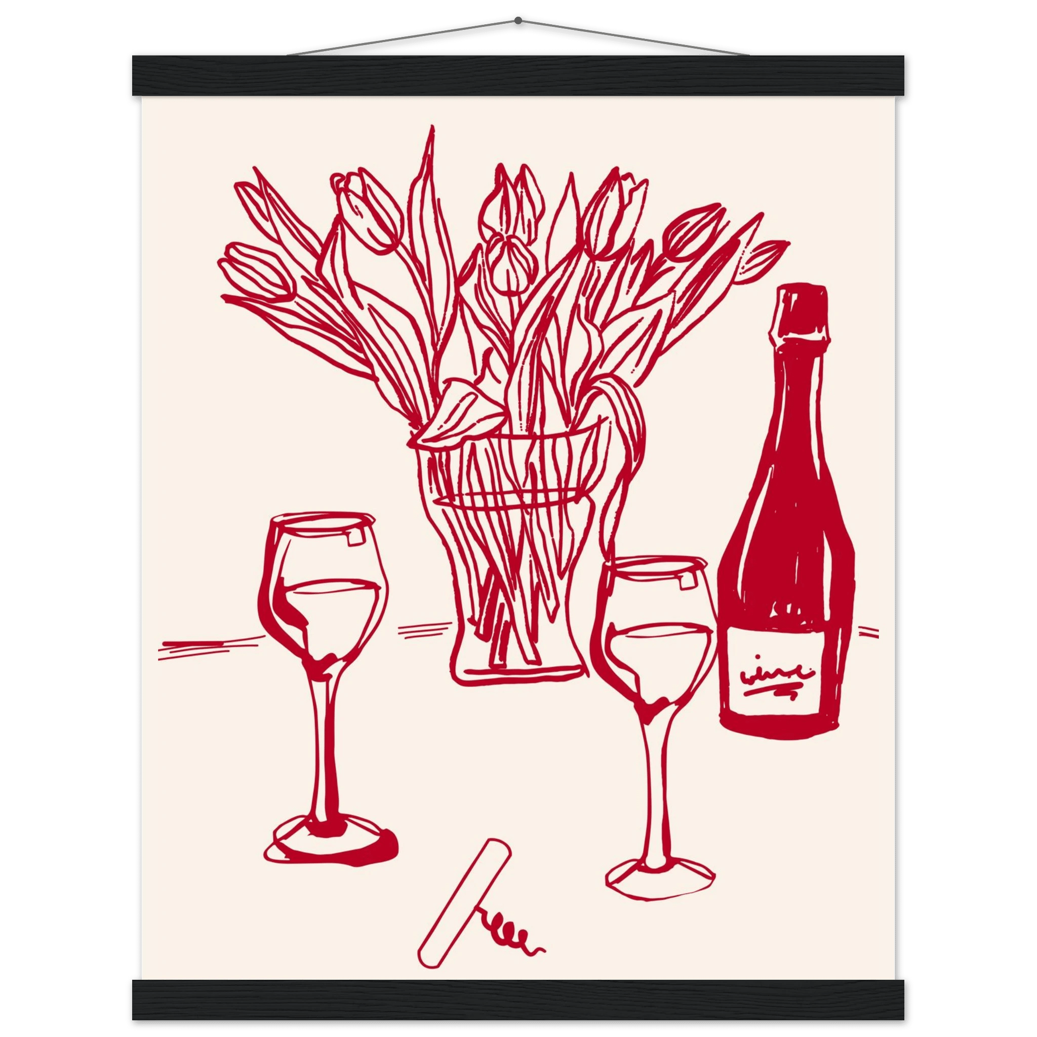 Red Wine & Tulips Print | Line Art Wine Bottle Wall Art | Kitchen Poster - Evergreen Posters