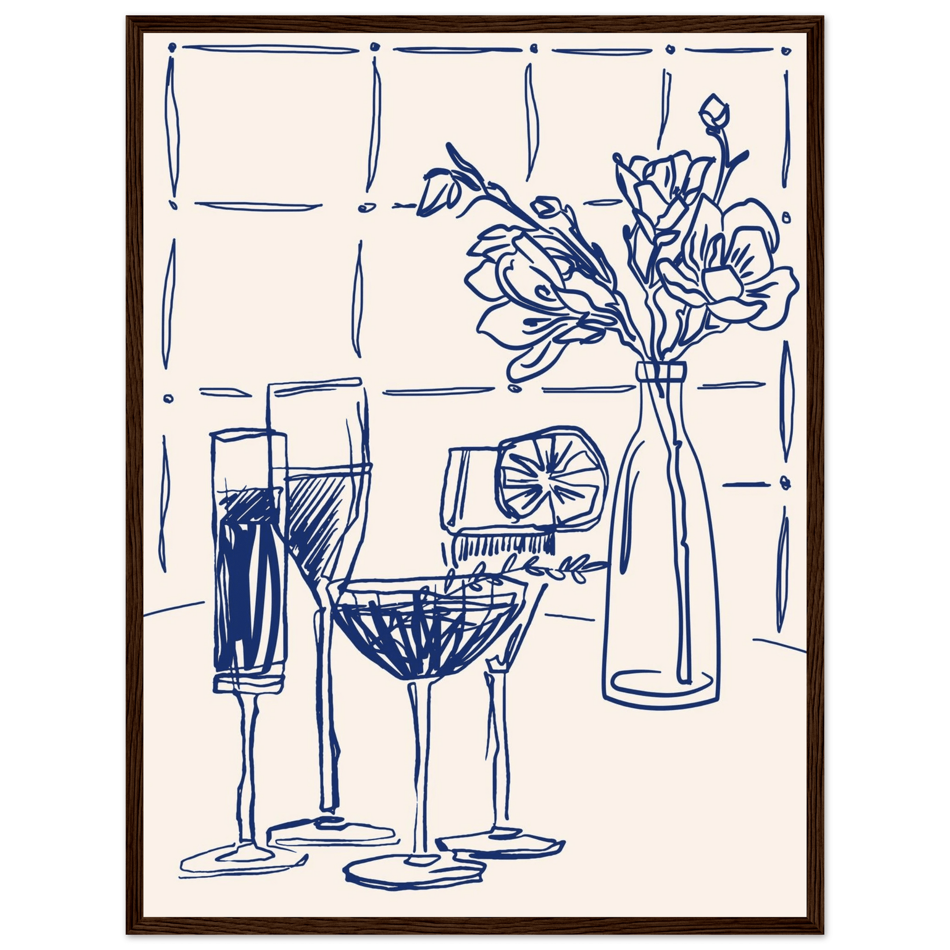 Cocktails & Flowers Print | Navy Blue Line Art Drinks Wall Art | Kitchen Bar Poster - Evergreen Posters