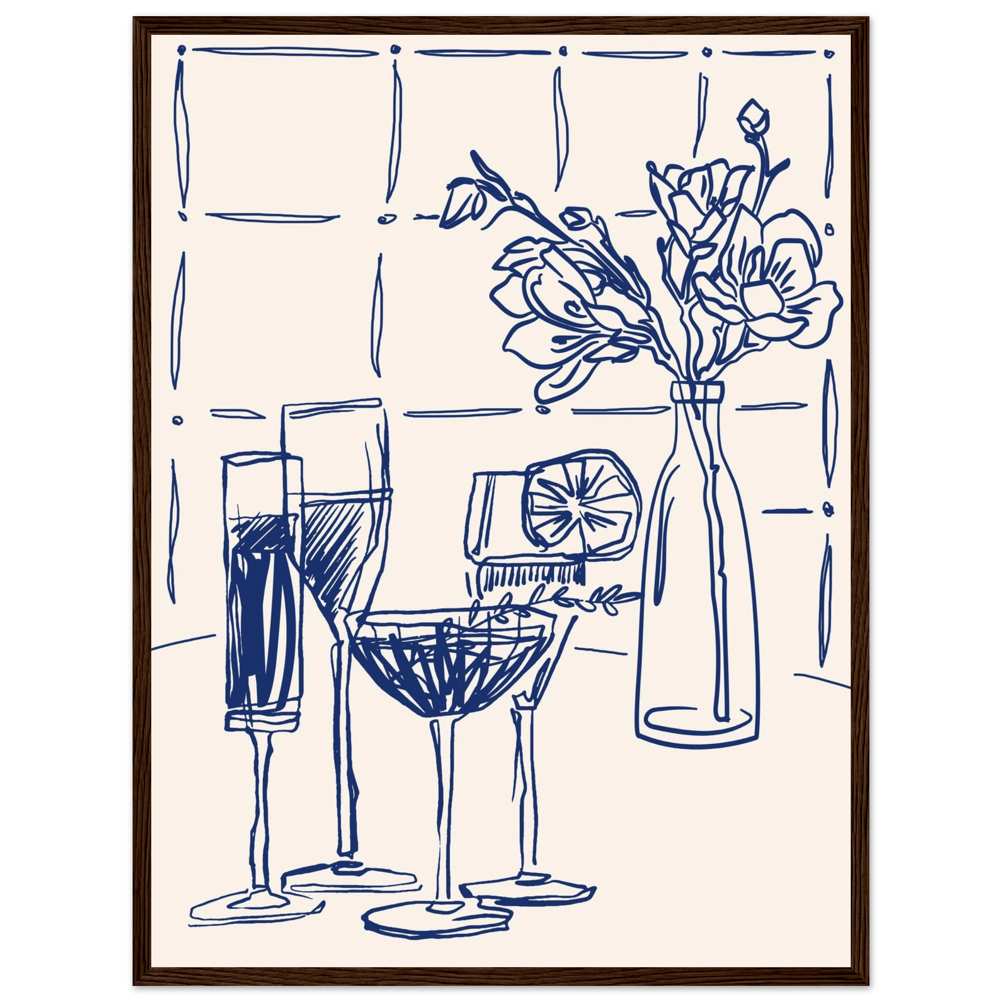 Cocktails & Flowers Print | Navy Blue Line Art Drinks Wall Art | Kitchen Bar Poster - Evergreen Posters