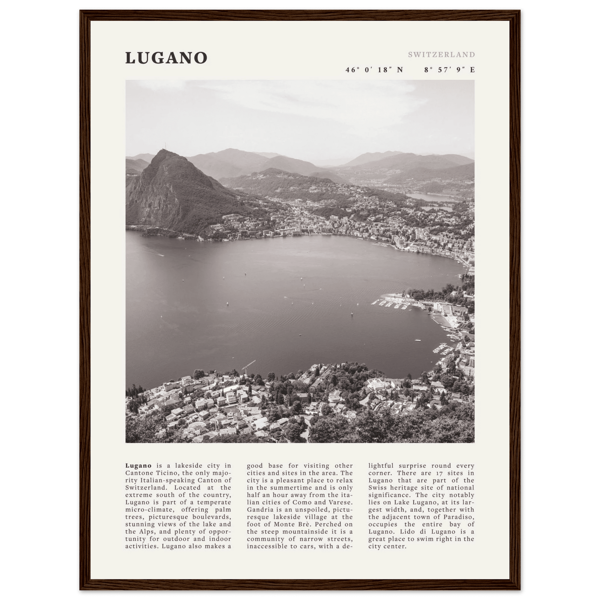 Lugano Poster | Black & White Swiss Lake Wall Art | Switzerland Travel Print - Evergreen Posters