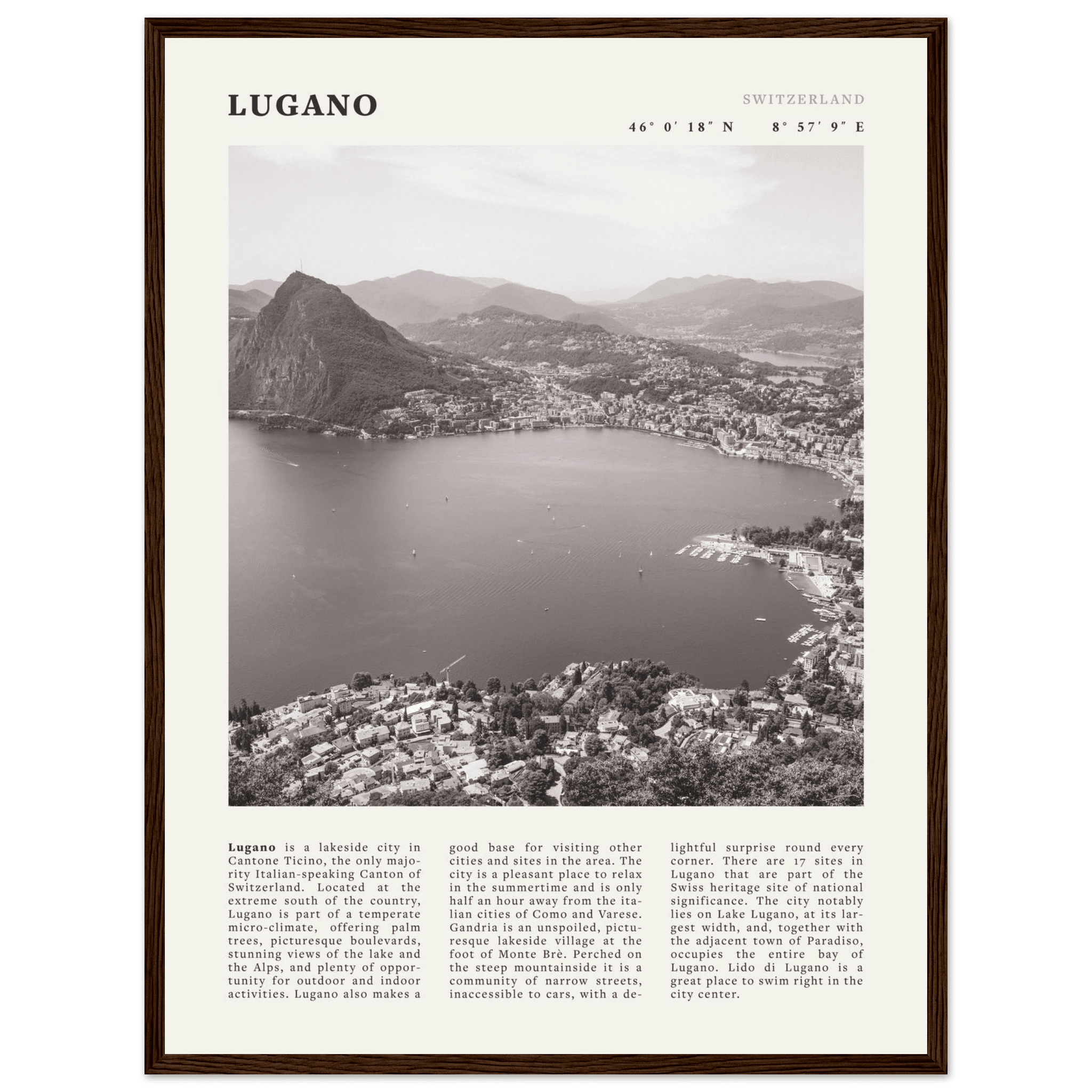 Lugano Poster | Black & White Swiss Lake Wall Art | Switzerland Travel Print - Evergreen Posters