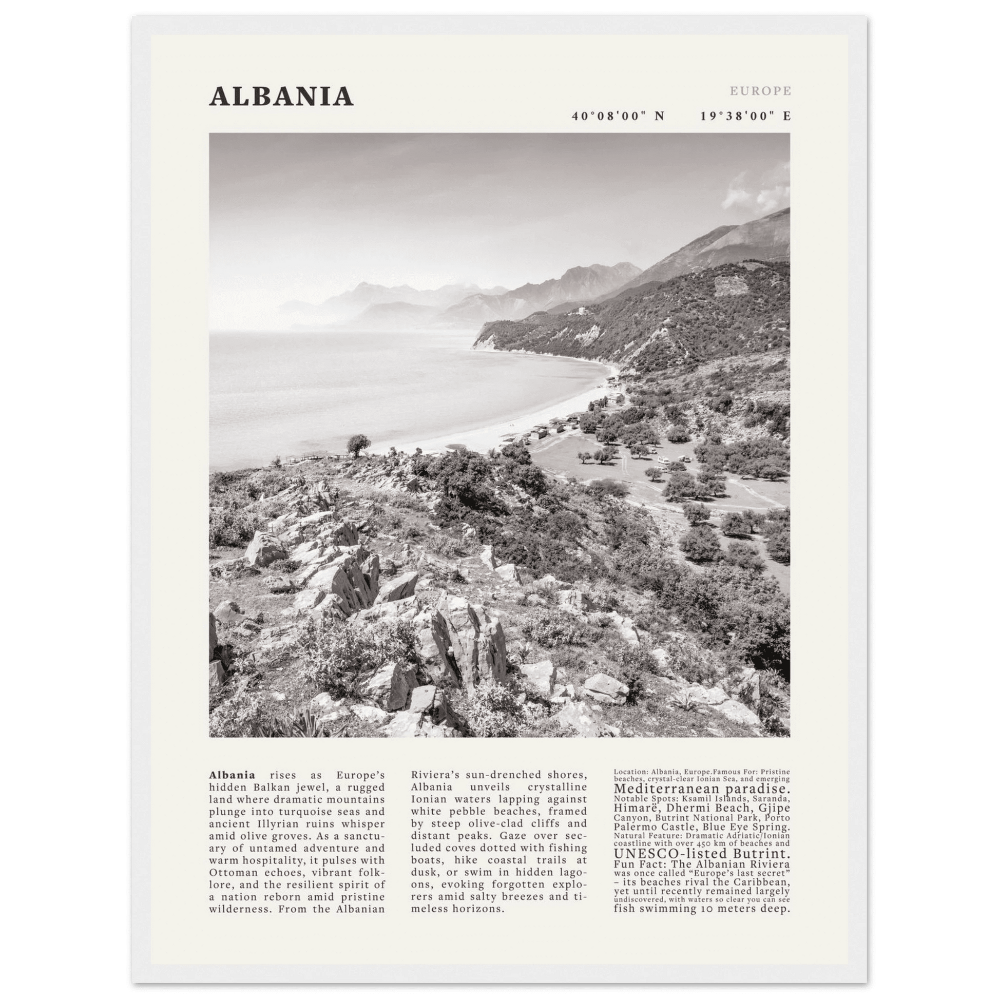 Albania Poster Black and White – Vintage Albanian Riviera Travel Print (Digital & Printed Options) - Evergreen Posters