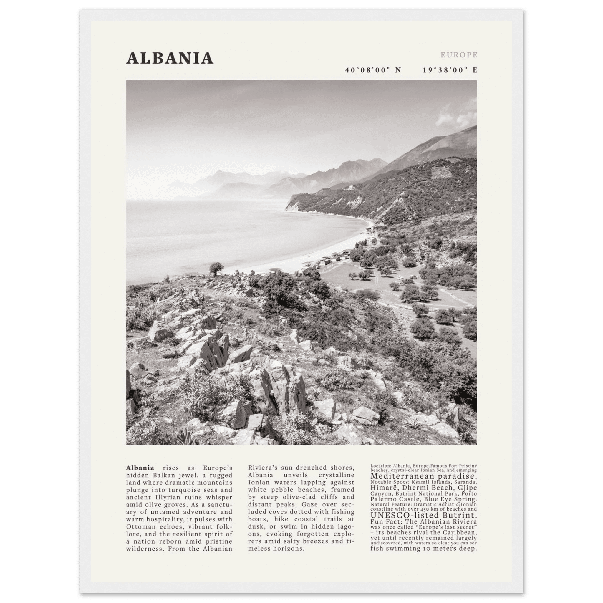 Albania Poster Black and White – Vintage Albanian Riviera Travel Print (Digital & Printed Options) - Evergreen Posters