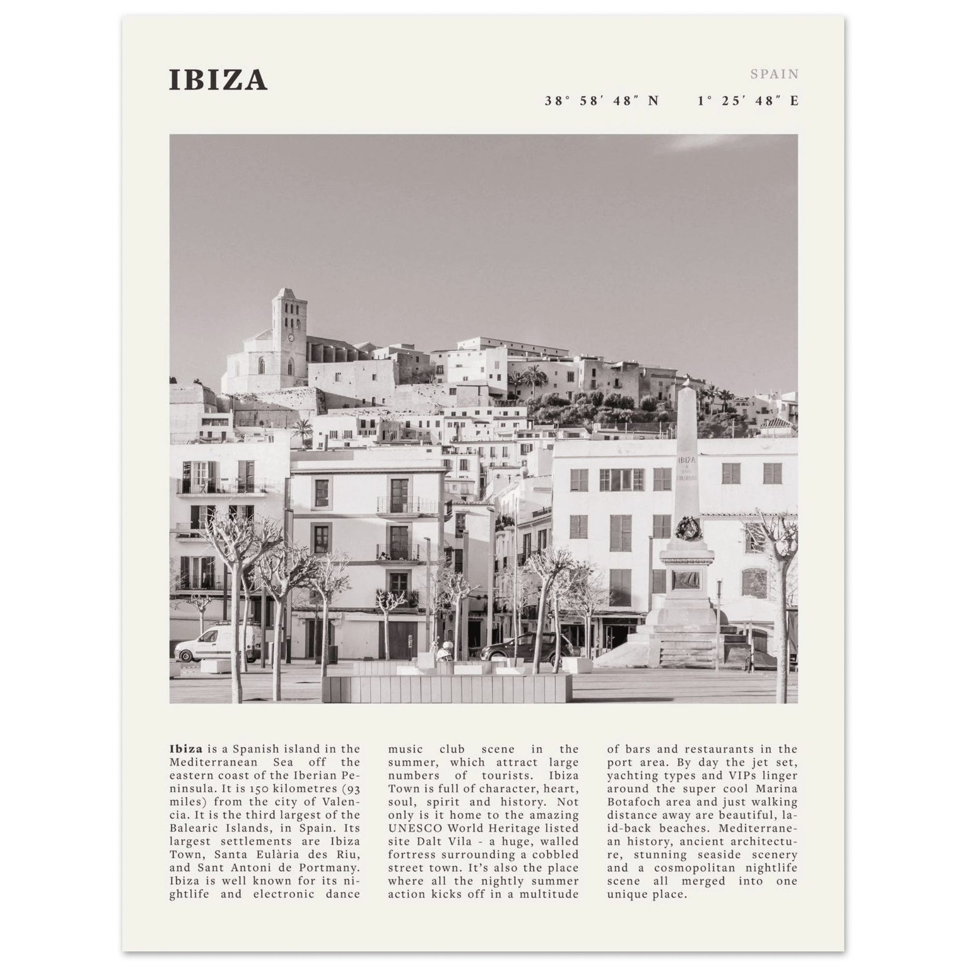 Ibiza Poster | Black & White Spanish Island Wall Art | Spain Travel Print - Evergreen Posters