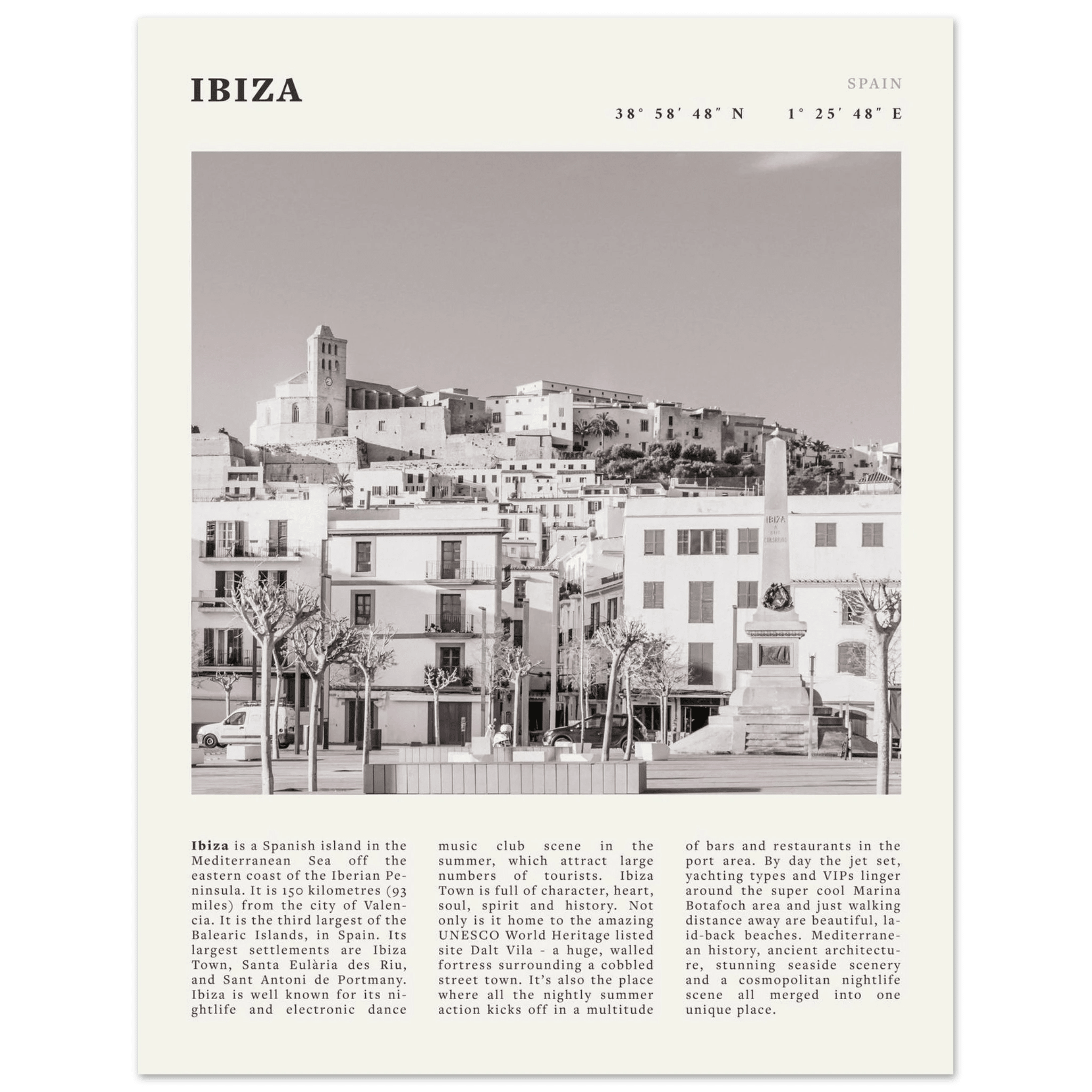 Ibiza Poster | Black & White Spanish Island Wall Art | Spain Travel Print - Evergreen Posters
