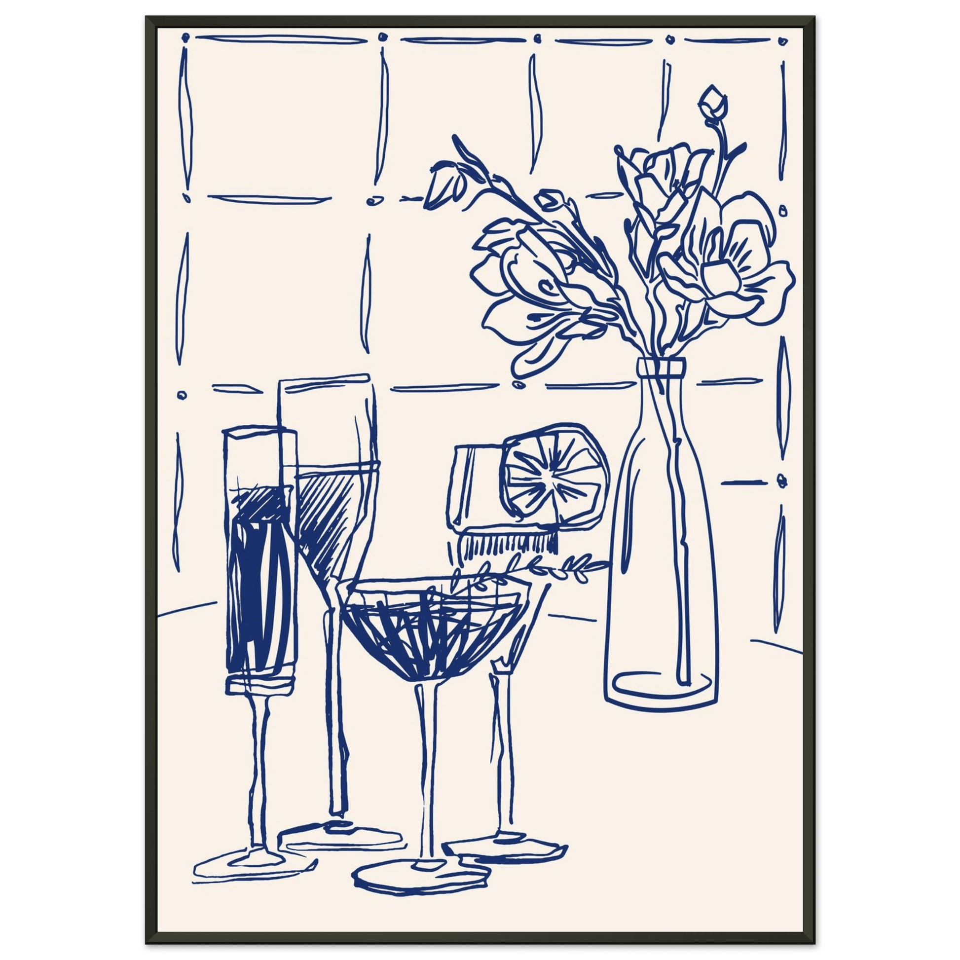 Cocktails & Flowers Print | Navy Blue Line Art Drinks Wall Art | Kitchen Bar Poster - Evergreen Posters