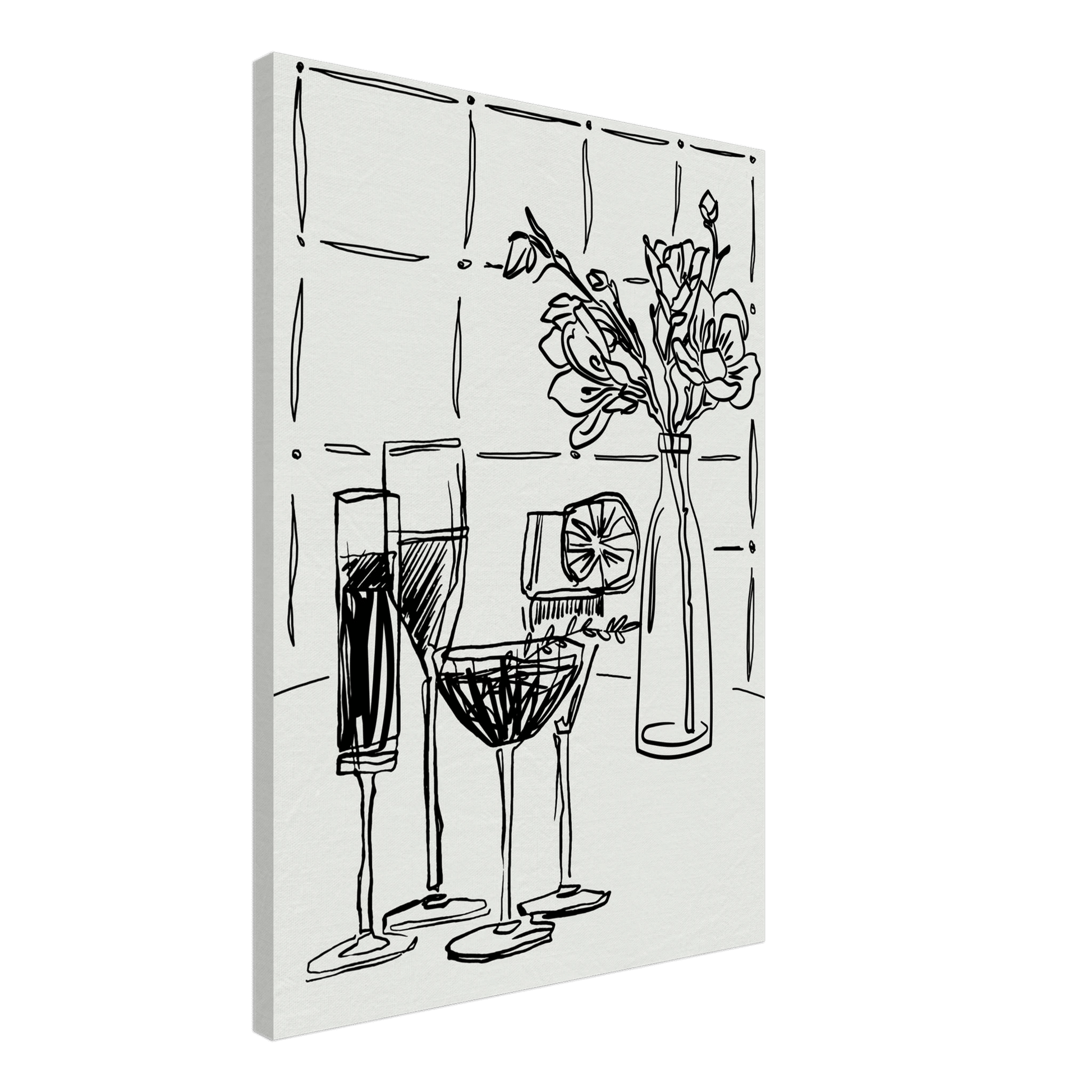 Cocktails & Flowers Print | Black Line Art Drinks Wall Art | Kitchen Bar Poster - Evergreen Posters
