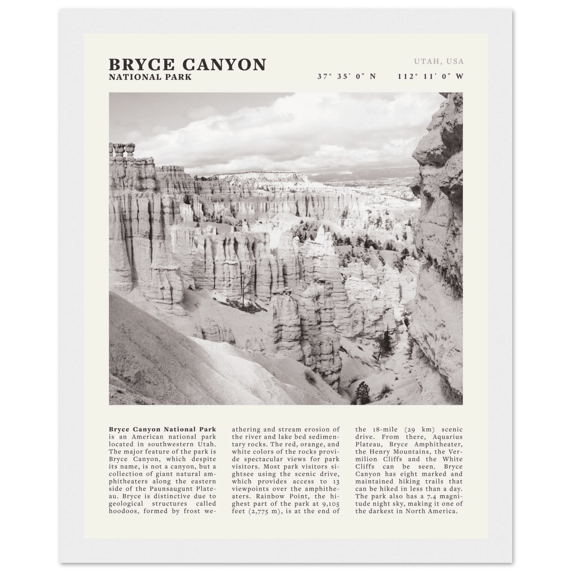 Bryce Canyon National Park Poster | Black & White Utah Hoodoos Wall Art Print - Evergreen Posters - 4