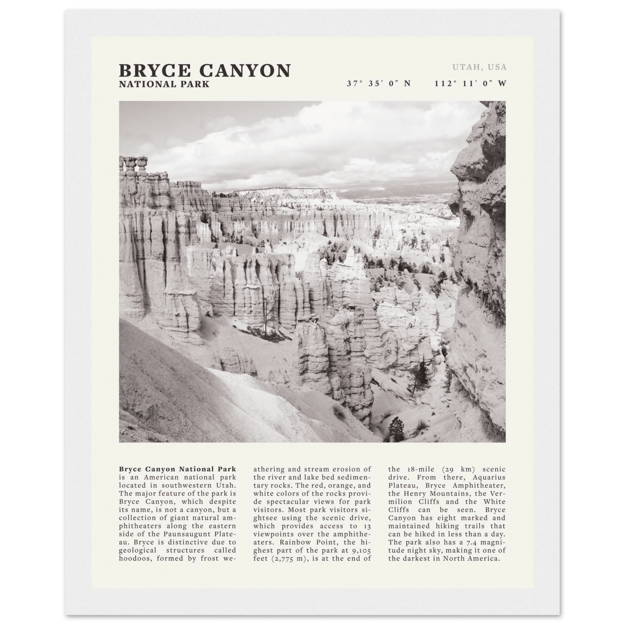 Bryce Canyon National Park Poster | Black & White Utah Hoodoos Wall Art Print - Evergreen Posters - 4