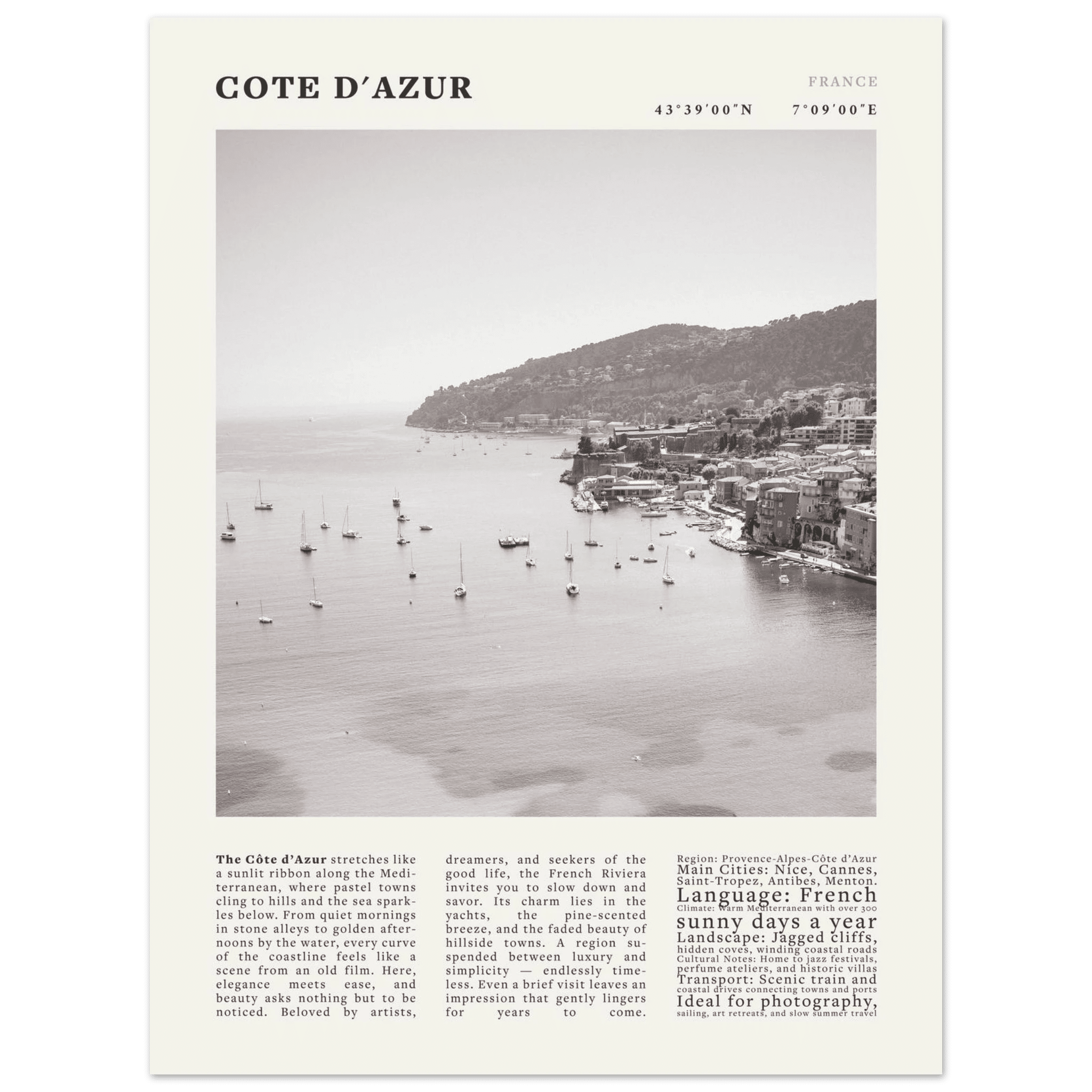 Côte d'Azur Poster Black and White – Vintage French Riviera Coast Print (Digital & Printed Options) - Evergreen Posters