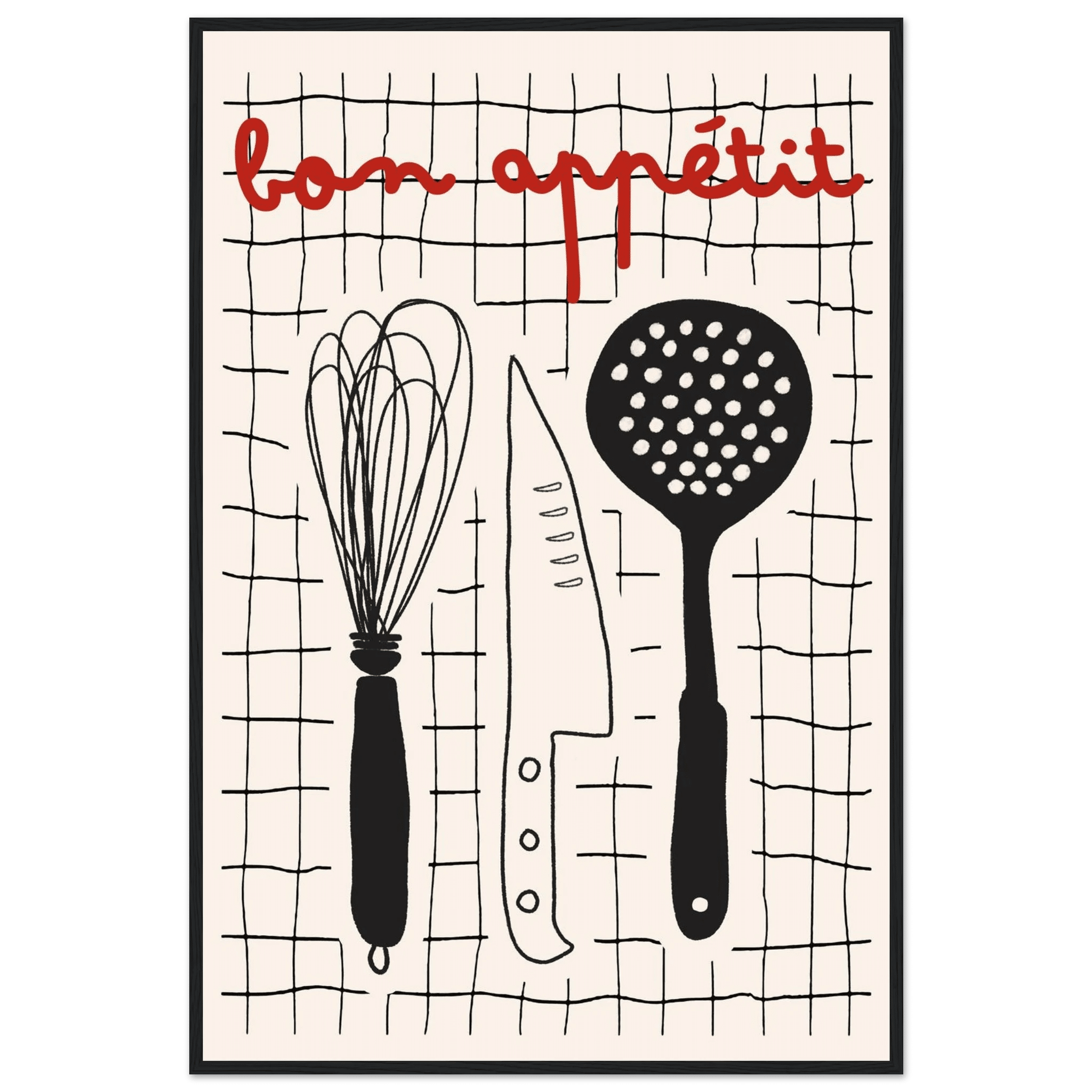 Bon Appétit French Kitchen Print | Bold Black Red Wall Art Poster - Evergreen Posters