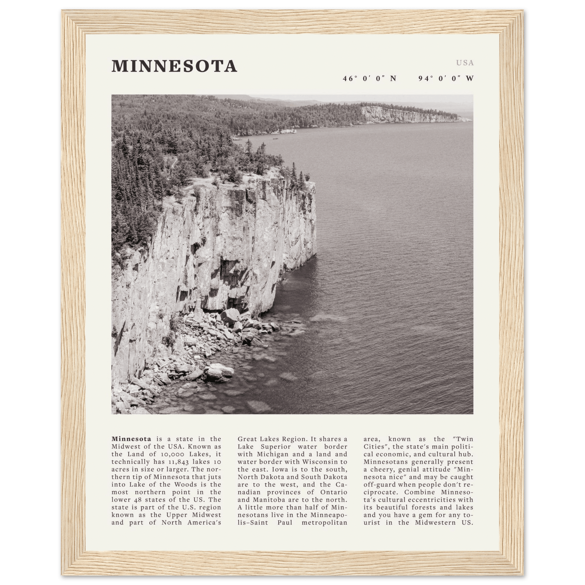 Minnesota Poster | Black & White Lake Superior Wall Art | USA Nature Travel Print - Evergreen Posters