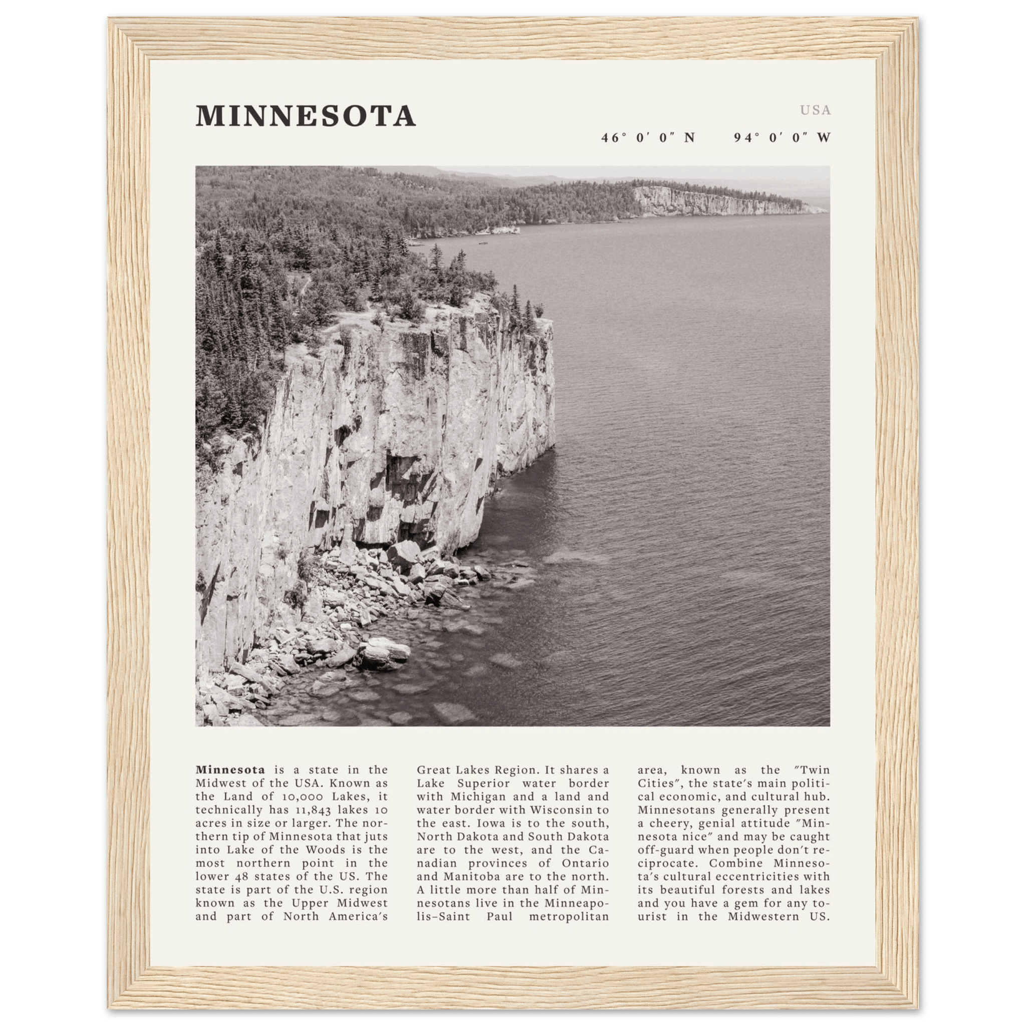 Minnesota Poster | Black & White Lake Superior Wall Art | USA Nature Travel Print - Evergreen Posters