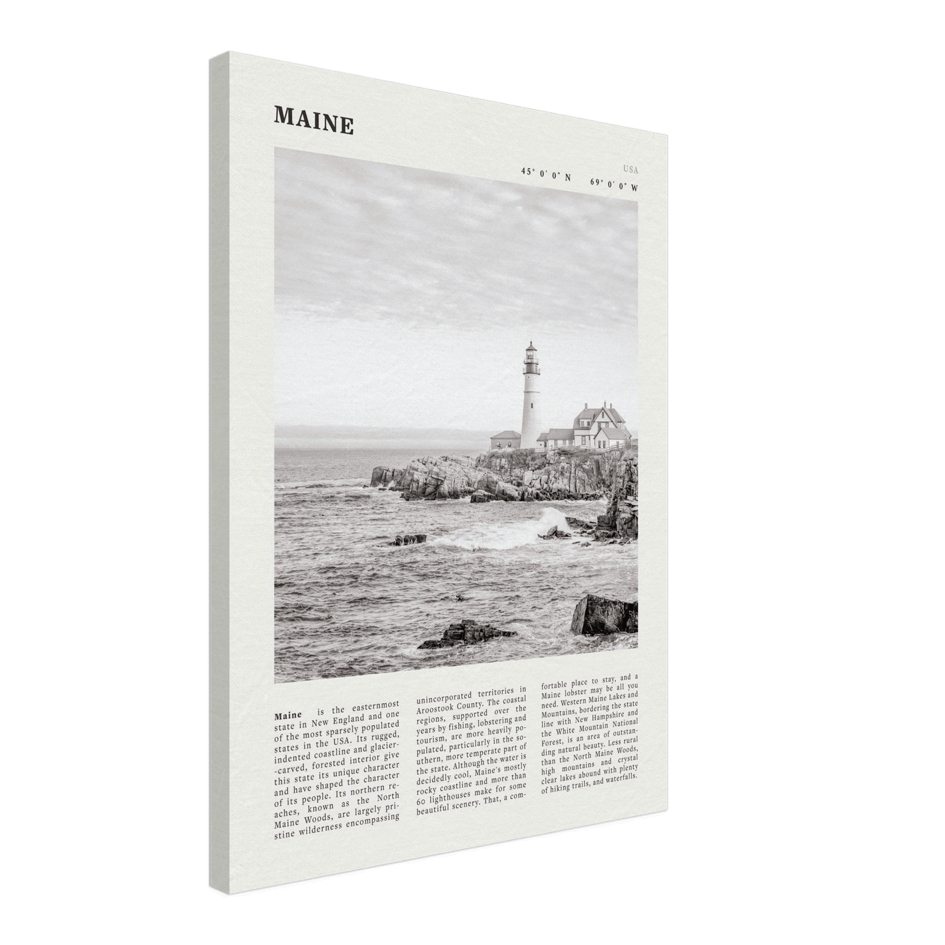 Maine Poster | Black & White Lighthouse Wall Art | New England Coastal Travel Print - Evergreen Posters