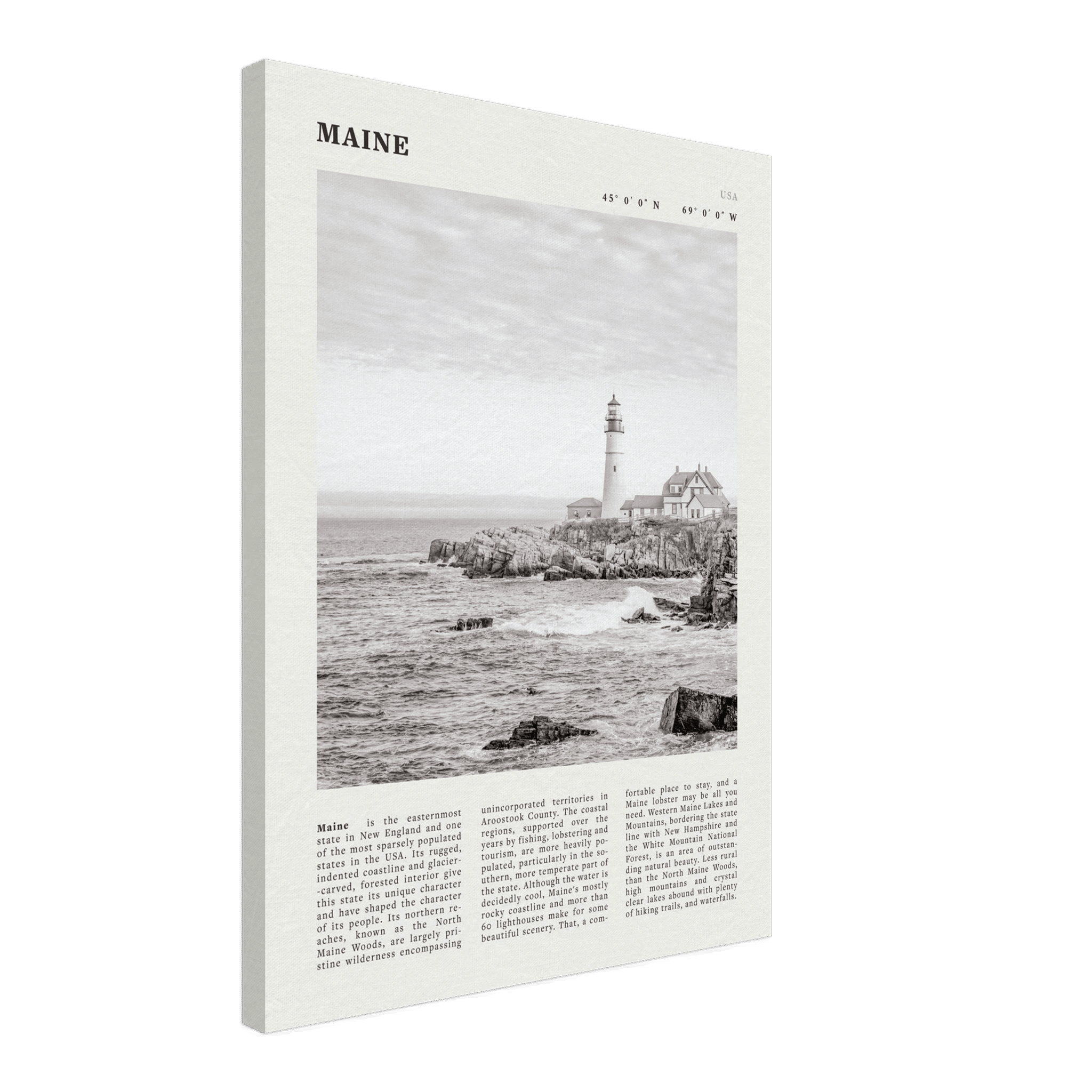 Maine Poster | Black & White Lighthouse Wall Art | New England Coastal Travel Print - Evergreen Posters
