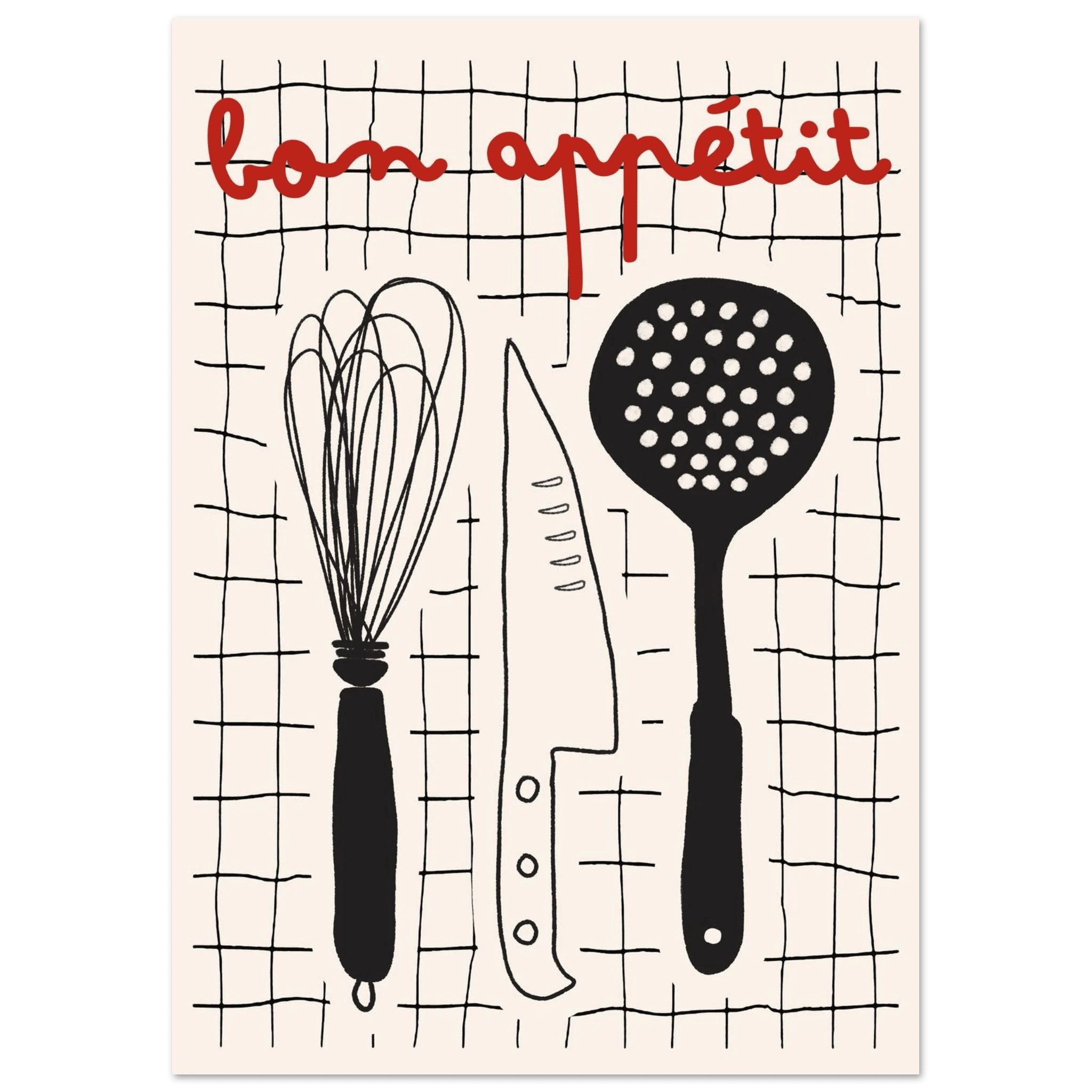 Bon Appétit French Kitchen Print | Bold Black Red Wall Art Poster - Evergreen Posters