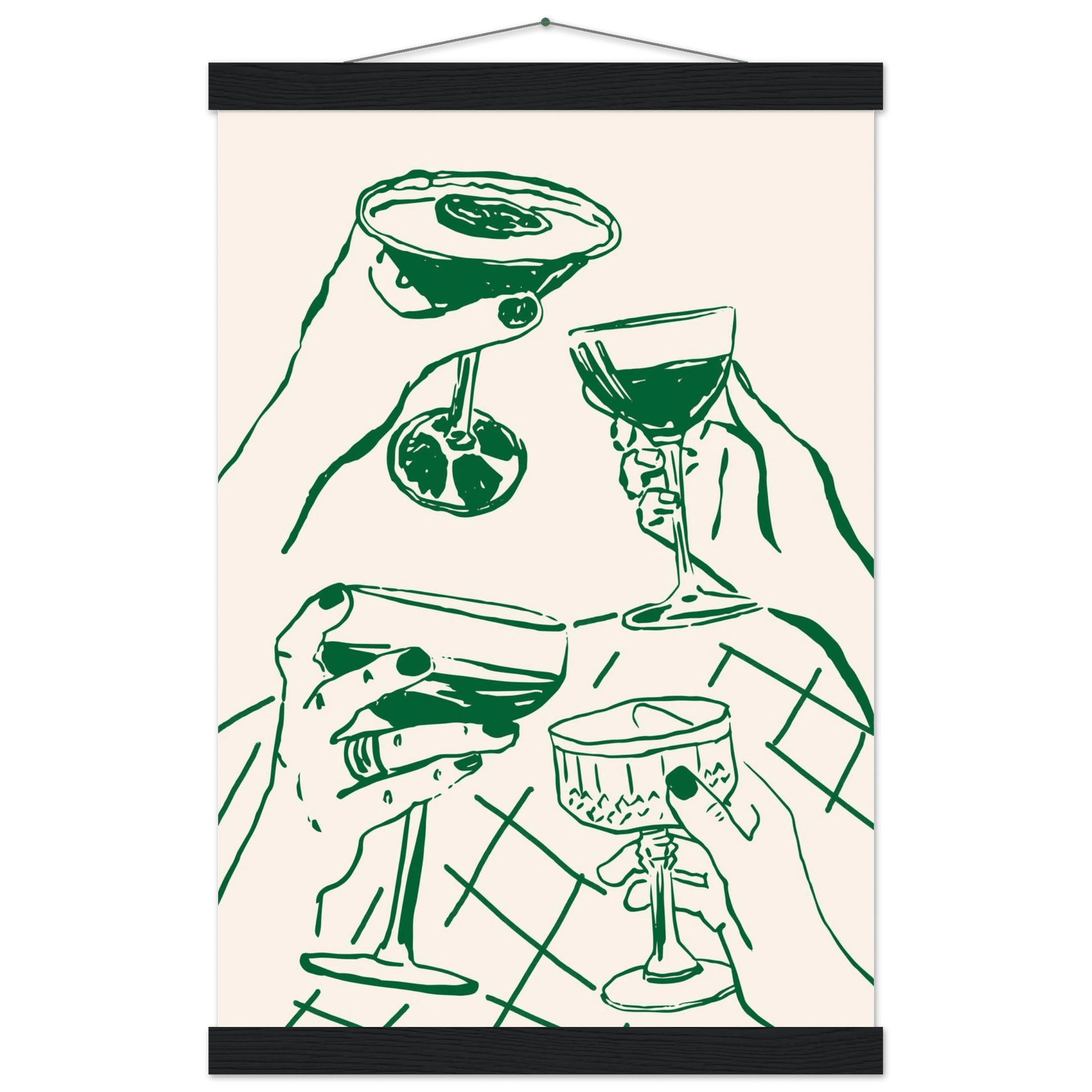 Cheers Print | Forest Green Cocktail Glasses Wall Art | Kitchen Bar Poster - Evergreen Posters