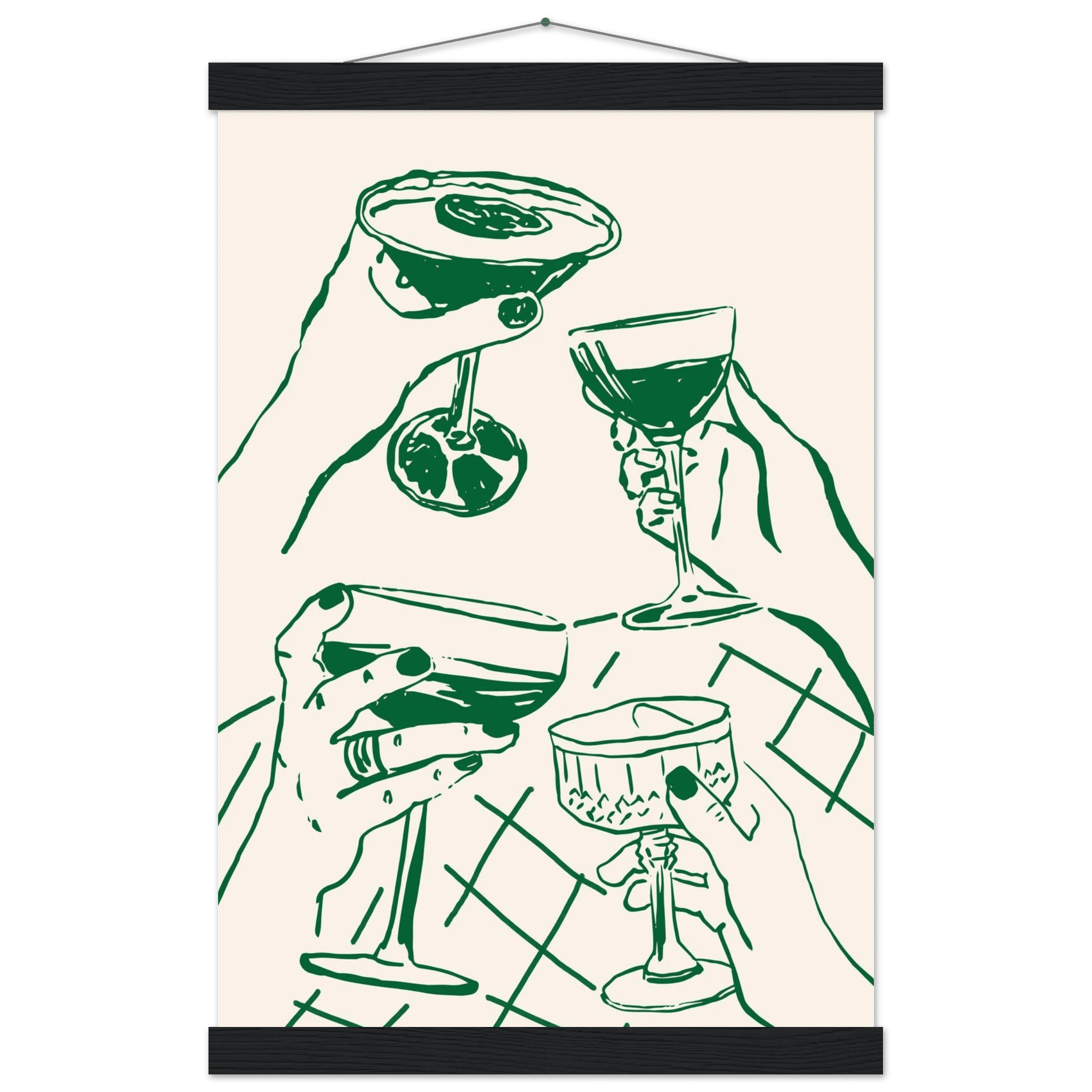 Cheers Print | Forest Green Cocktail Glasses Wall Art | Kitchen Bar Poster - Evergreen Posters