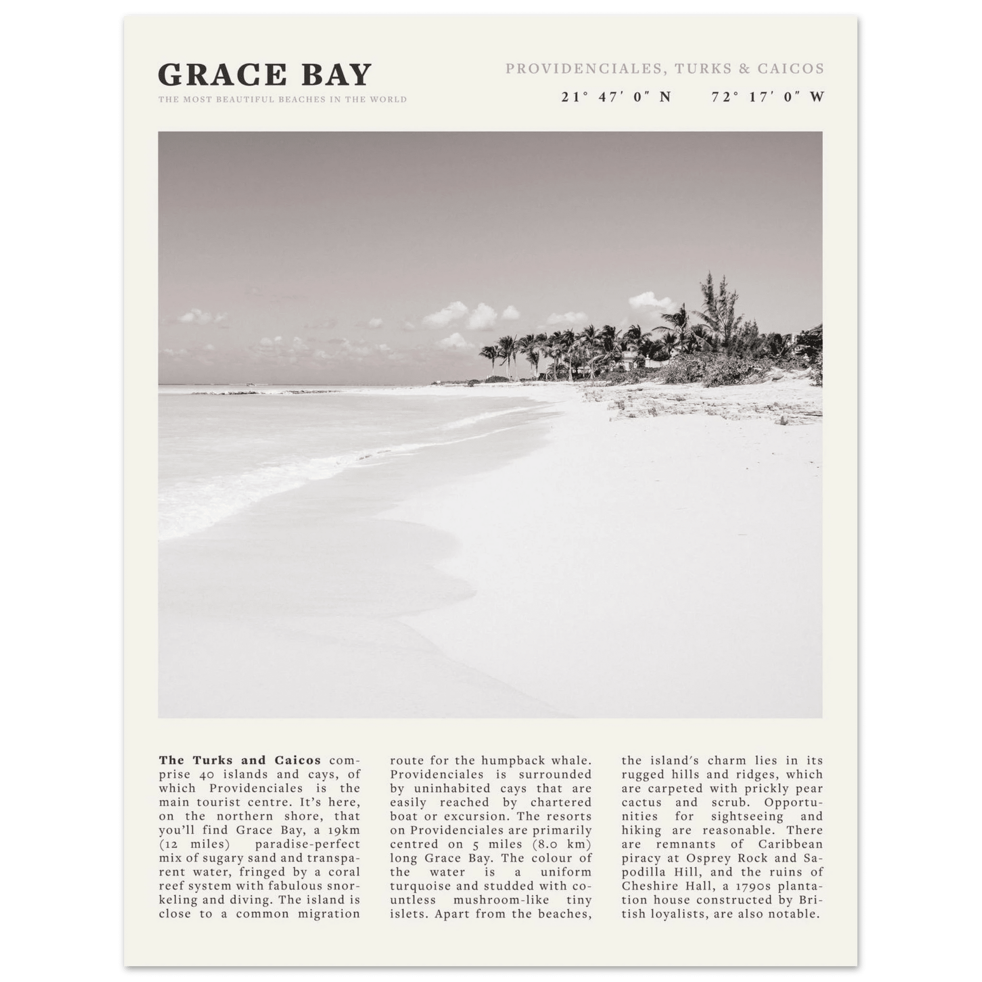 Grace Bay Poster | Black & White Turks & Caicos Wall Art | Caribbean Beach Print - Evergreen Posters
