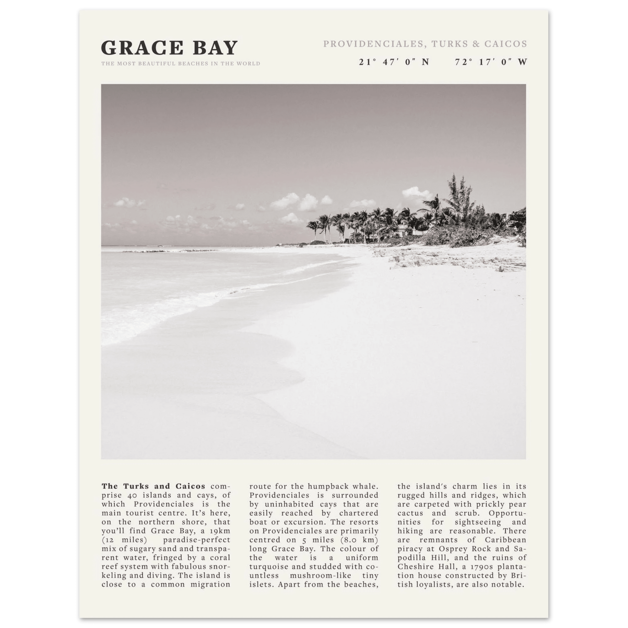 Grace Bay Poster | Black & White Turks & Caicos Wall Art | Caribbean Beach Print - Evergreen Posters