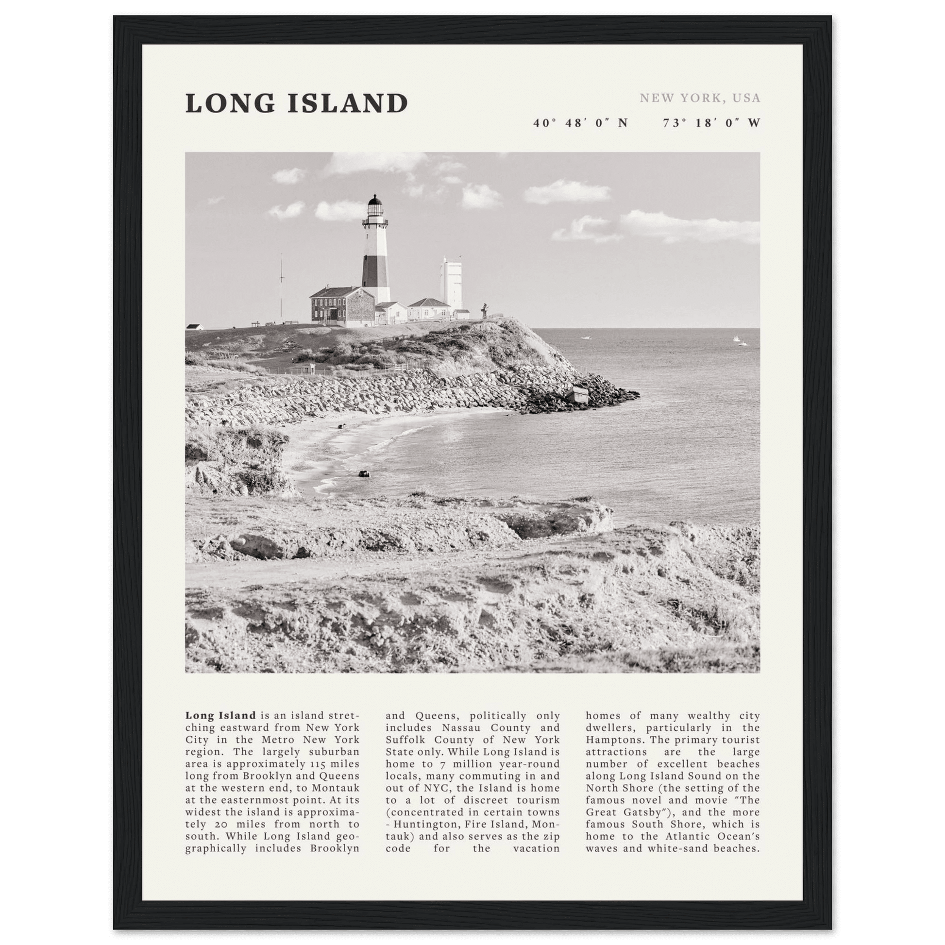Long Island Poster | Black & White Montauk Lighthouse Wall Art | New York Print - Evergreen Posters