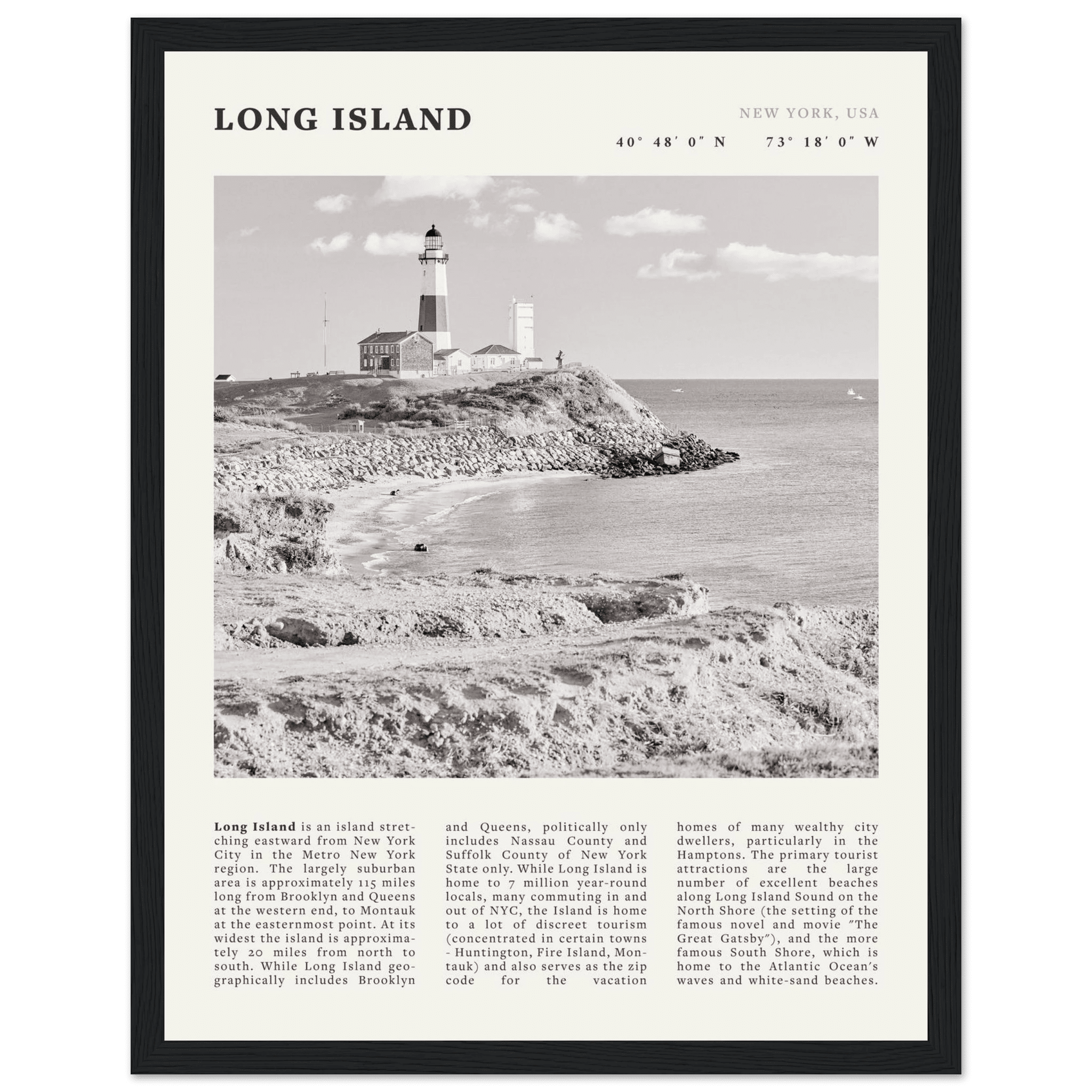 Long Island Poster | Black & White Montauk Lighthouse Wall Art | New York Print - Evergreen Posters