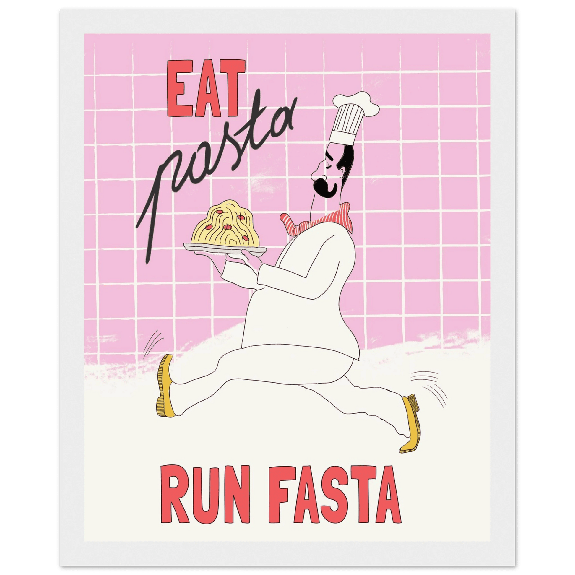 Eat Pasta Run Fasta Poster – Playful Kitchen Wall Art Print (Light Pink) - Evergreen Posters
