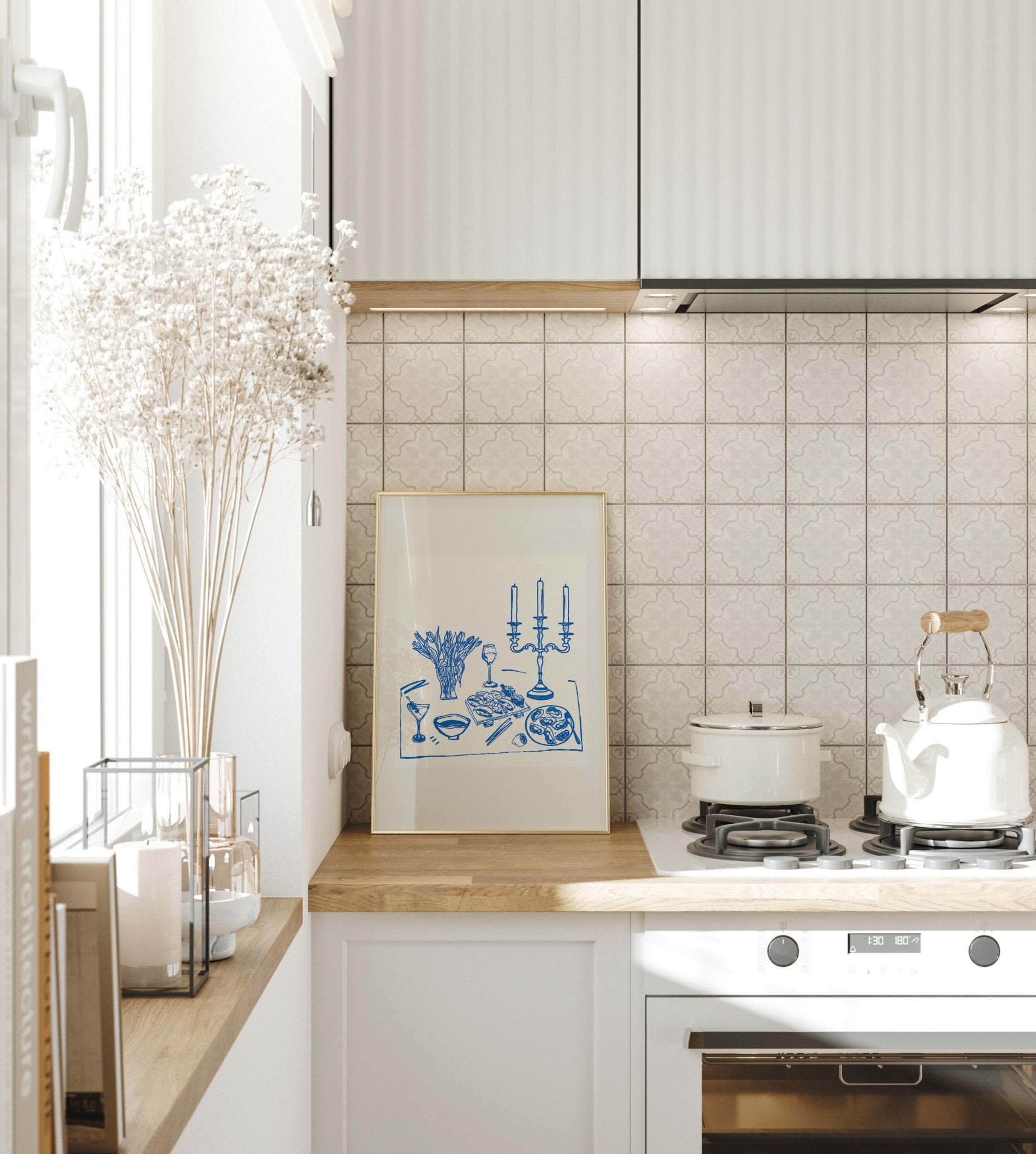 Fine Dining Table Print | Blue Line Art Kitchen Wall Art | Elegant Dining Room Poster - Evergreen Posters