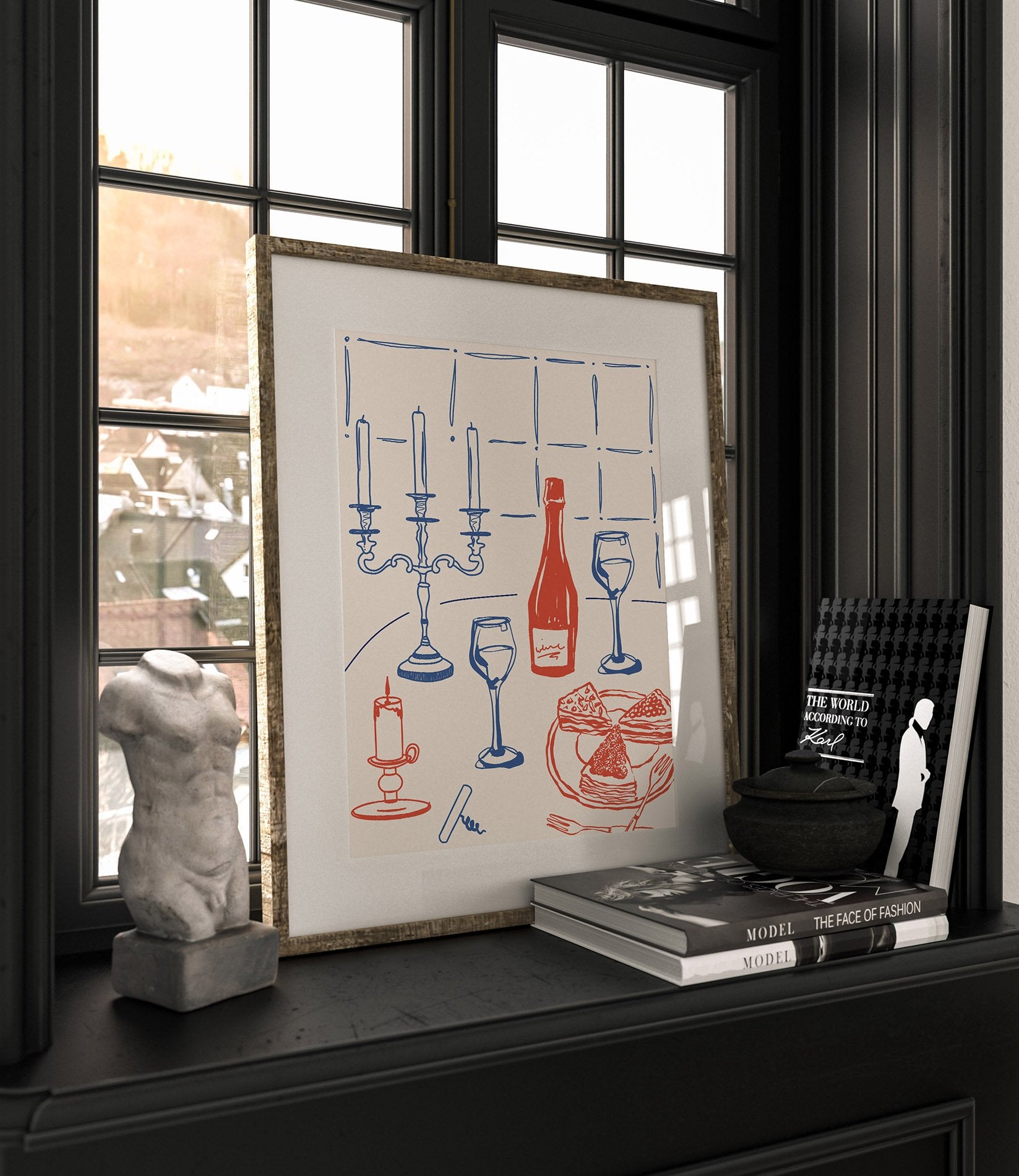 Candlelight Dinner Print | Wine & Candelabra Line Art Wall Art | Kitchen Poster - Evergreen Posters