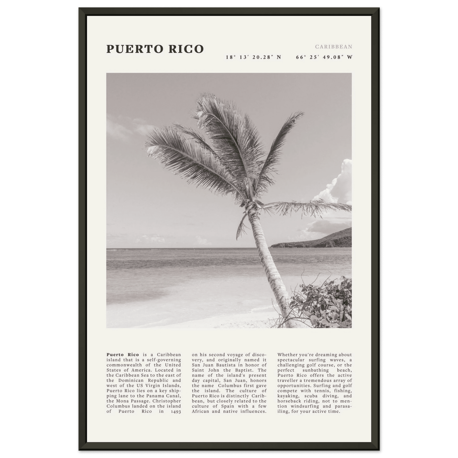 Puerto Rico Poster Black and White – Vintage Caribbean Palm Beach Print (Digital & Printed Options) - Evergreen Posters