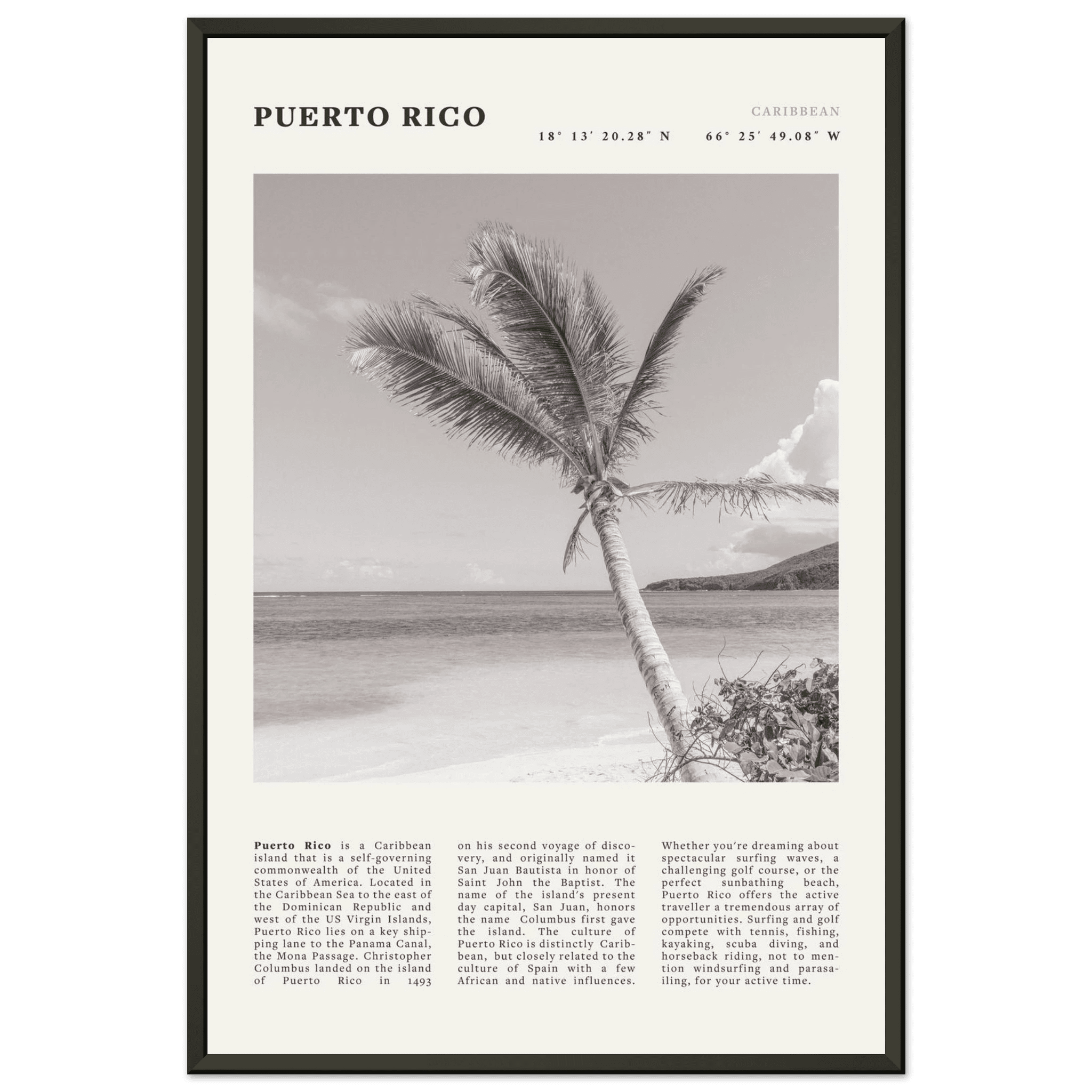 Puerto Rico Poster Black and White – Vintage Caribbean Palm Beach Print (Digital & Printed Options) - Evergreen Posters