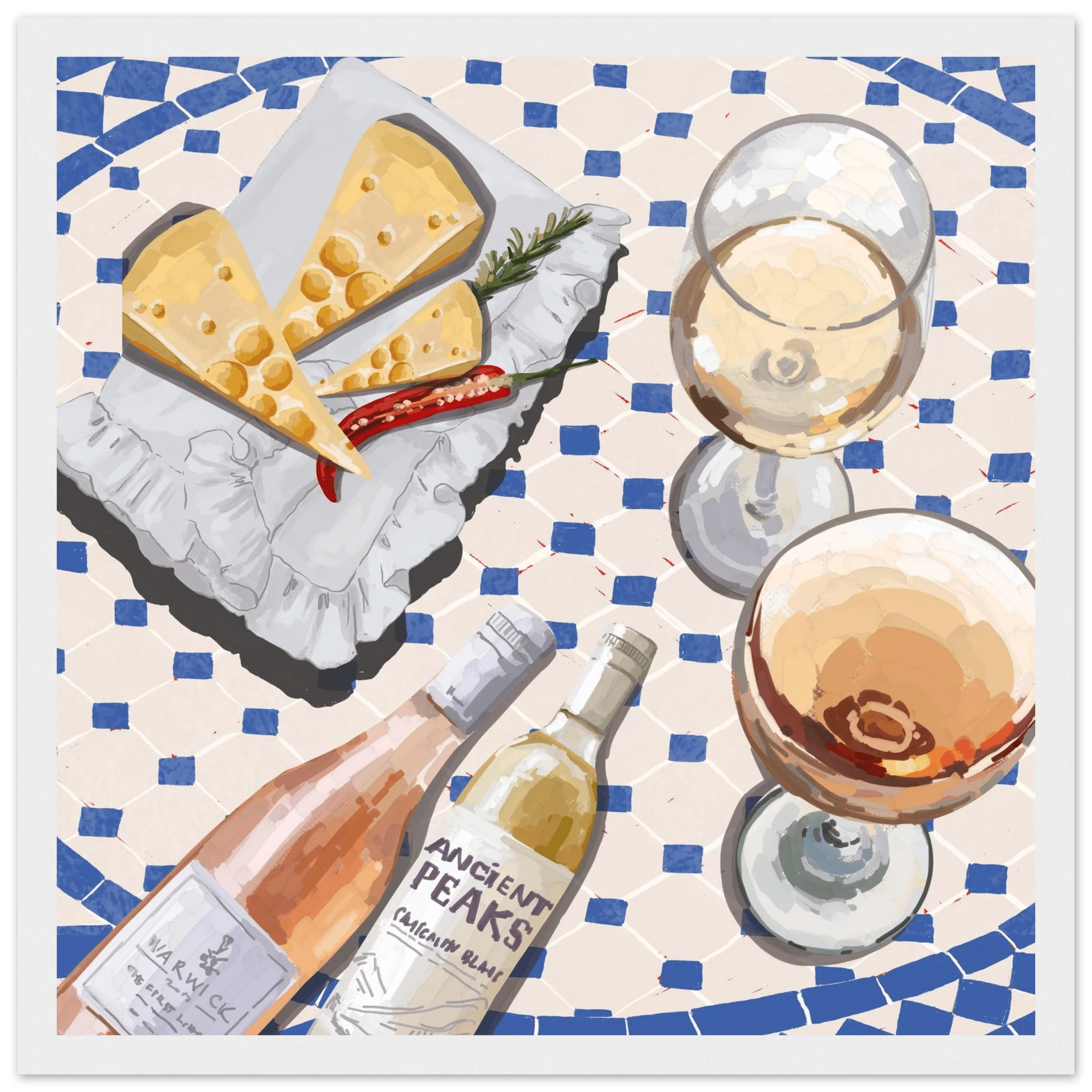 Wine & Cheese Poster | Food Wall Art | Blue Tile Square Kitchen Print - Evergreen Posters - 13