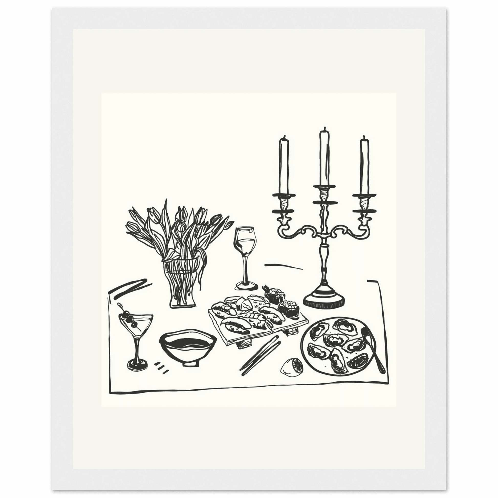 Fine Dining Table Print | Black Line Art Kitchen Wall Art | Elegant Dining Room Poster - Evergreen Posters
