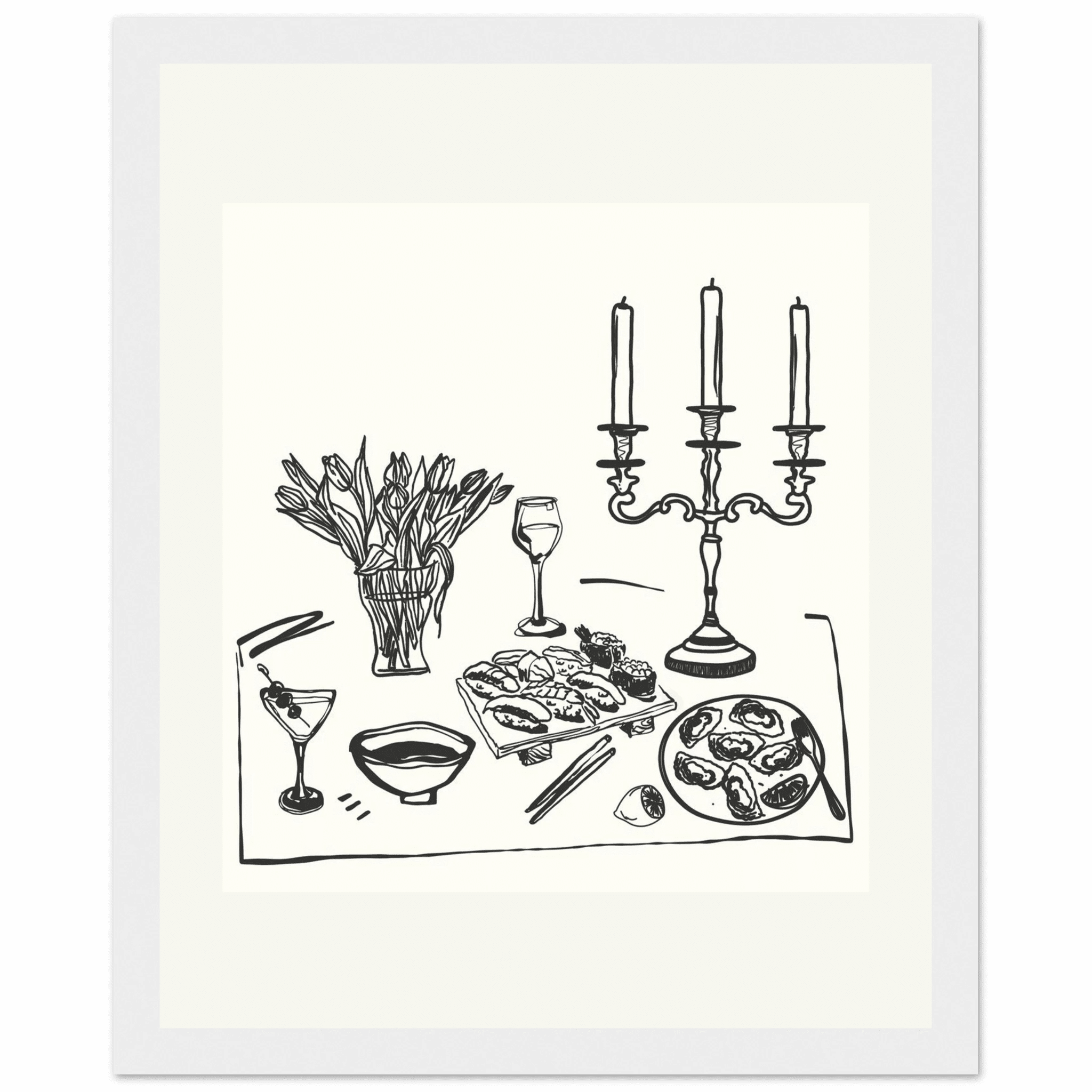 Fine Dining Table Print | Black Line Art Kitchen Wall Art | Elegant Dining Room Poster - Evergreen Posters