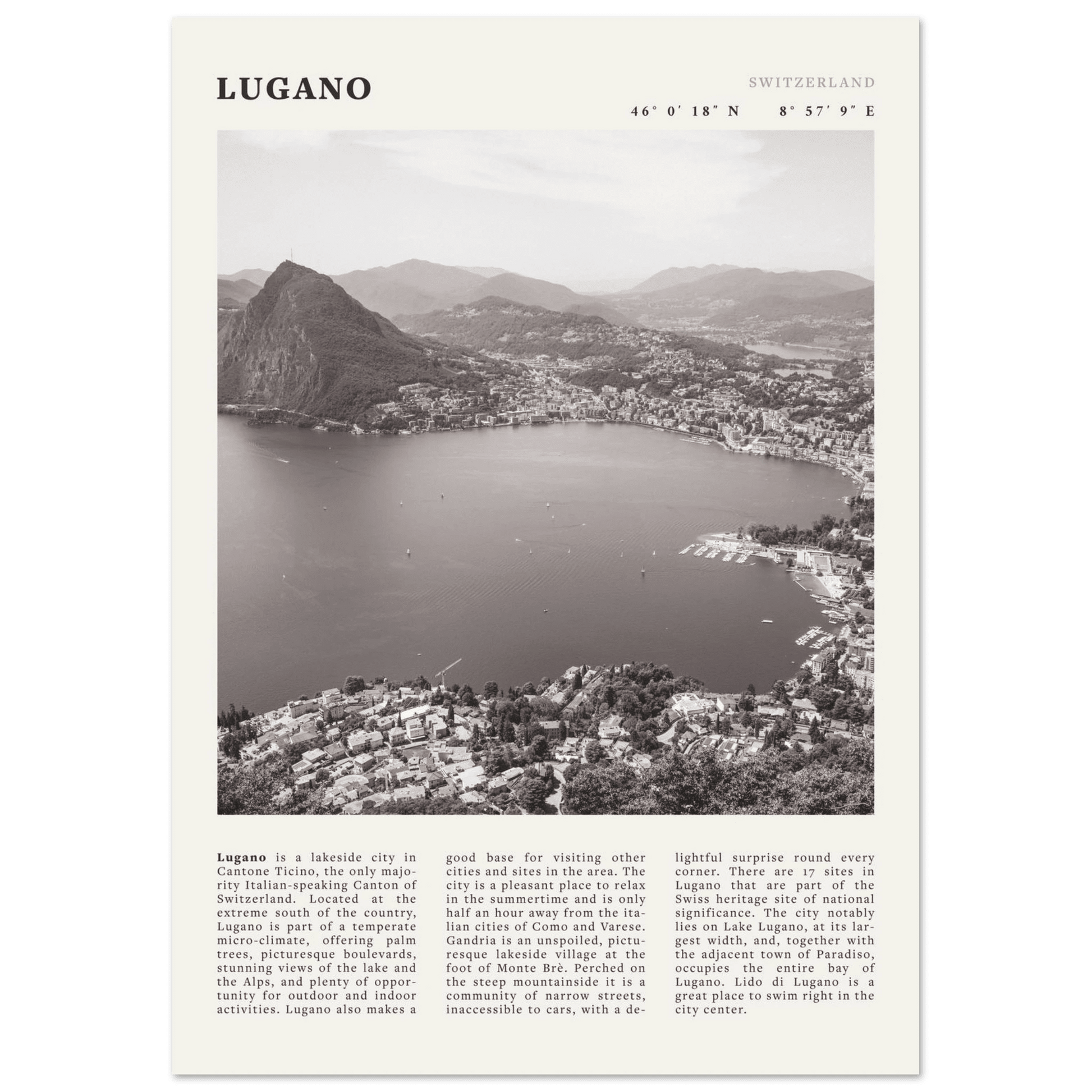 Lugano Poster | Black & White Swiss Lake Wall Art | Switzerland Travel Print - Evergreen Posters
