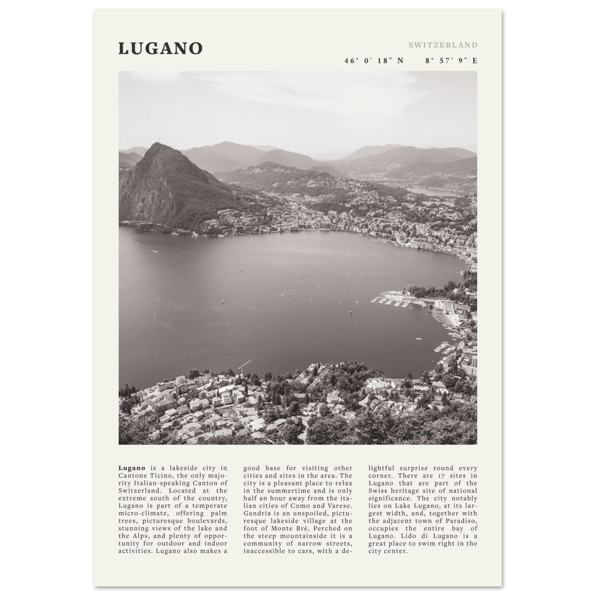 Lugano Poster | Black & White Swiss Lake Wall Art | Switzerland Travel Print - Evergreen Posters