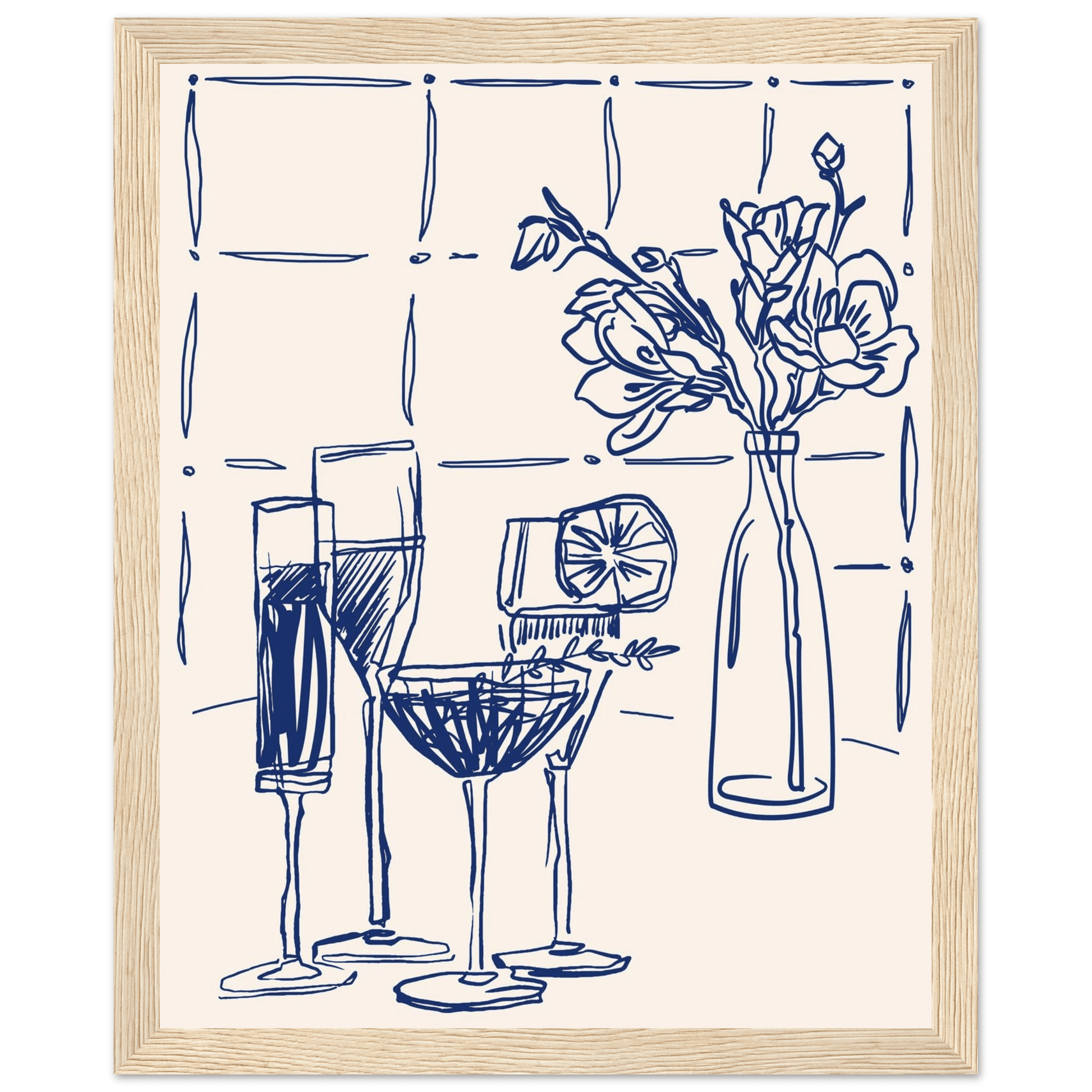 Cocktails & Flowers Print | Navy Blue Line Art Drinks Wall Art | Kitchen Bar Poster - Evergreen Posters