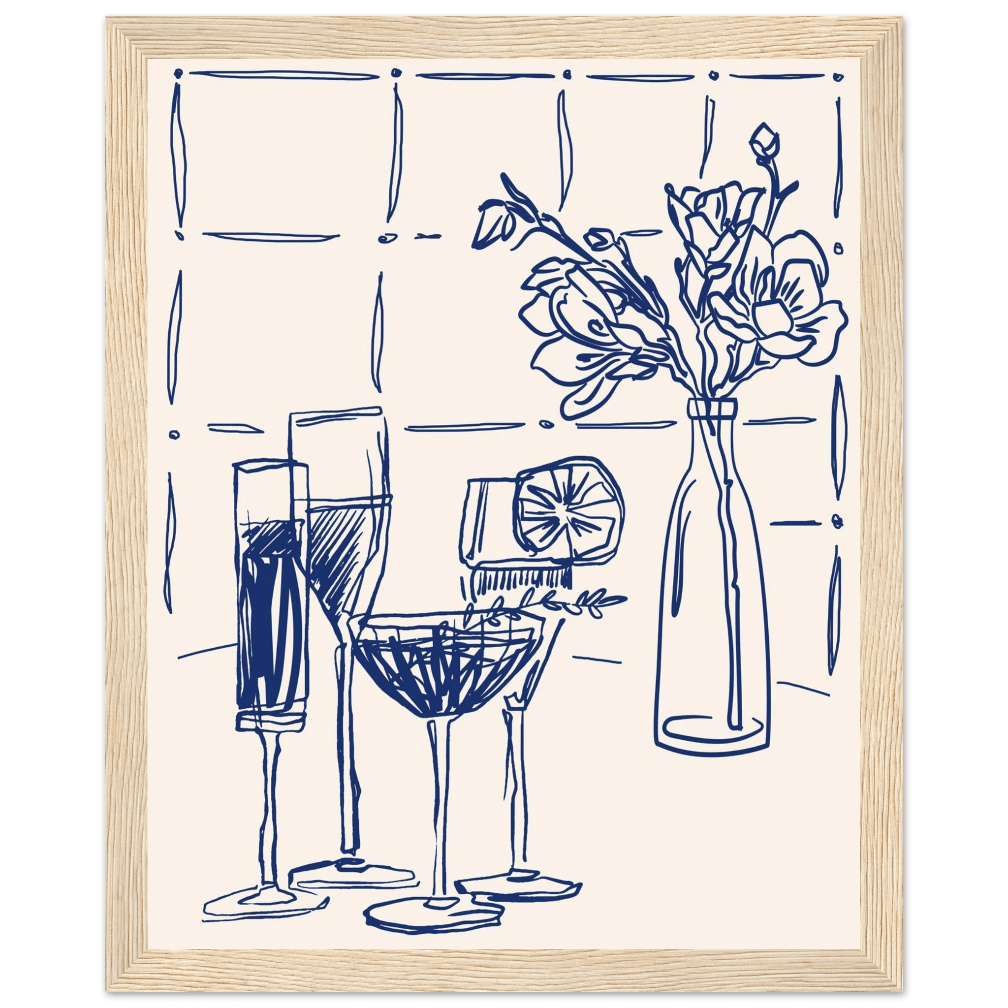 Cocktails & Flowers Print | Navy Blue Line Art Drinks Wall Art | Kitchen Bar Poster - Evergreen Posters