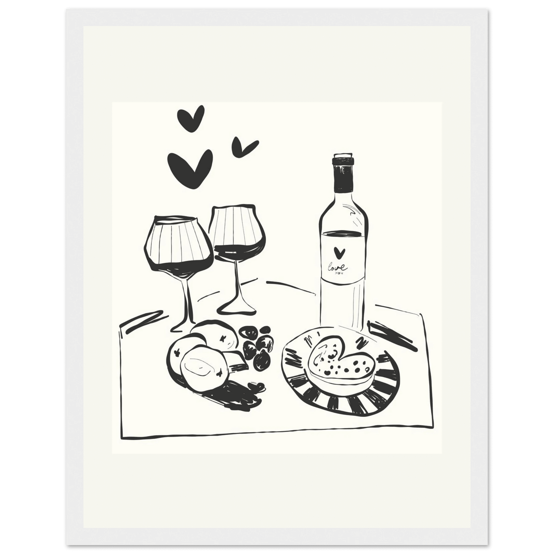 Wine for Two Print | Black Line Art Romantic Kitchen Wall Art | Couples Poster - Evergreen Posters