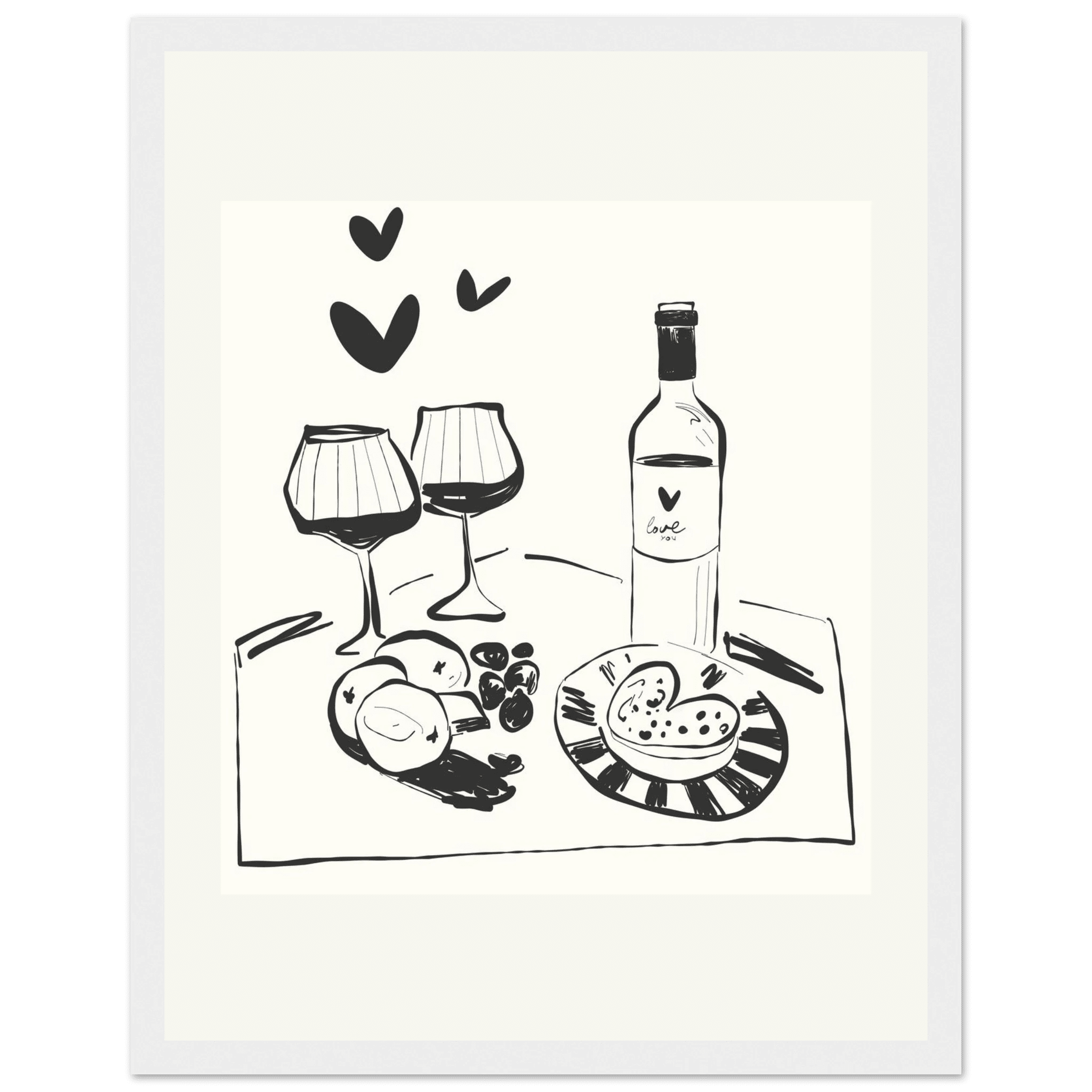 Wine for Two Print | Black Line Art Romantic Kitchen Wall Art | Couples Poster - Evergreen Posters