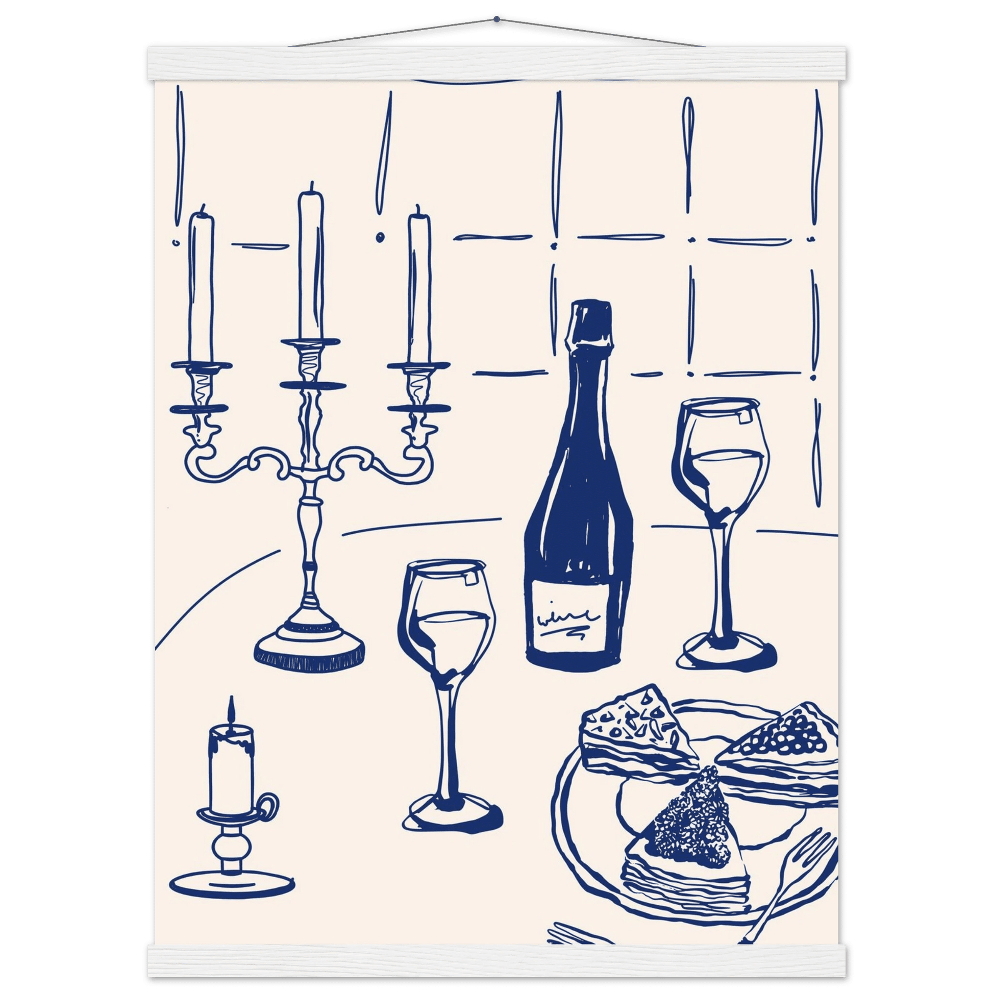 Candlelight Dinner Print | Navy Blue Wine & Candelabra Line Art | Kitchen Poster - Evergreen Posters