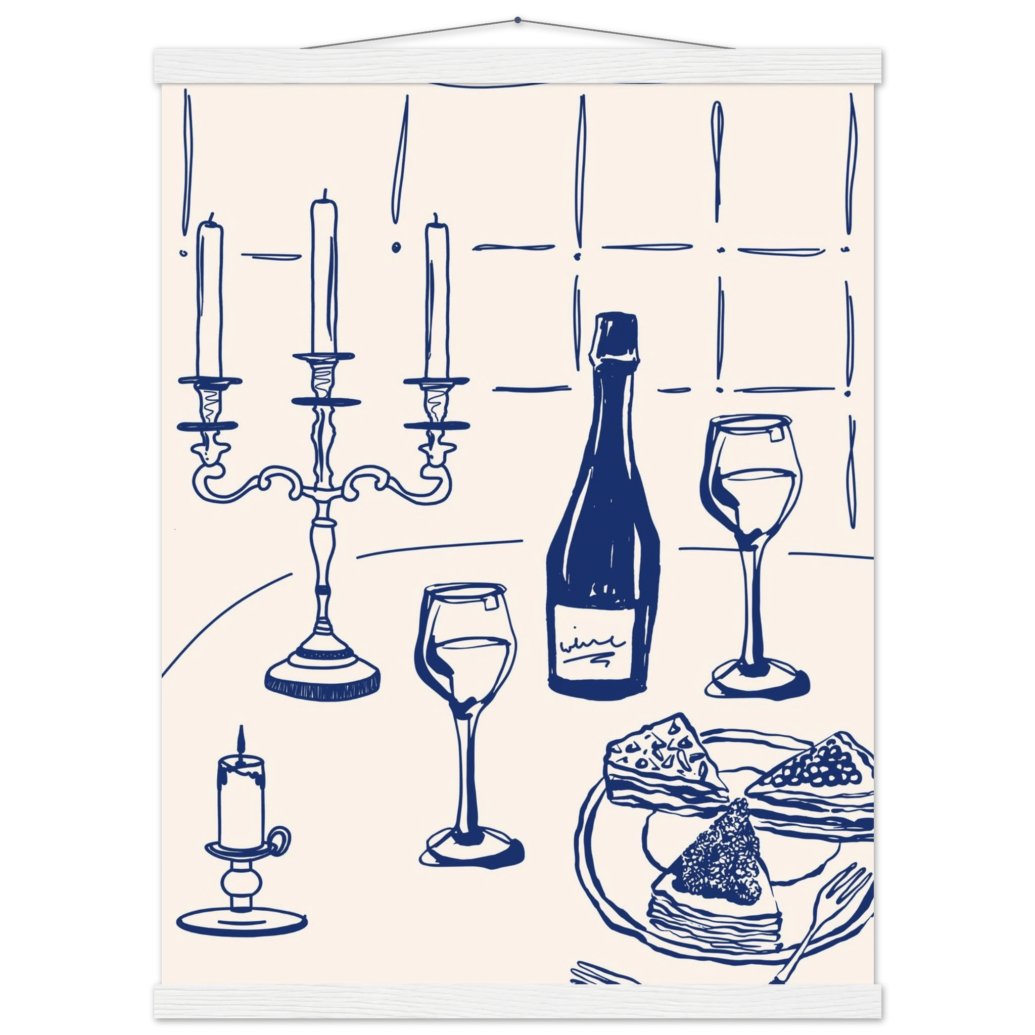 Candlelight Dinner Print | Navy Blue Wine & Candelabra Line Art | Kitchen Poster - Evergreen Posters