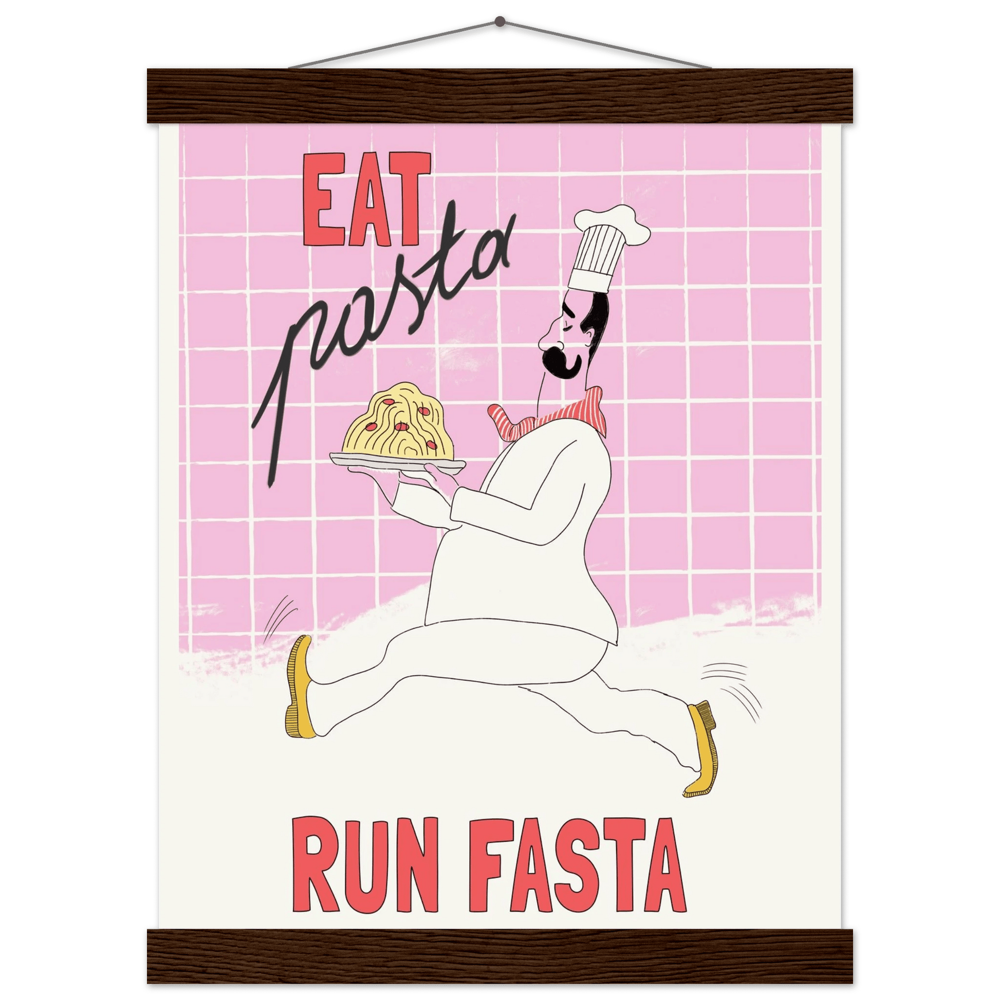 Eat Pasta Run Fasta Poster – Playful Kitchen Wall Art Print (Light Pink) - Evergreen Posters