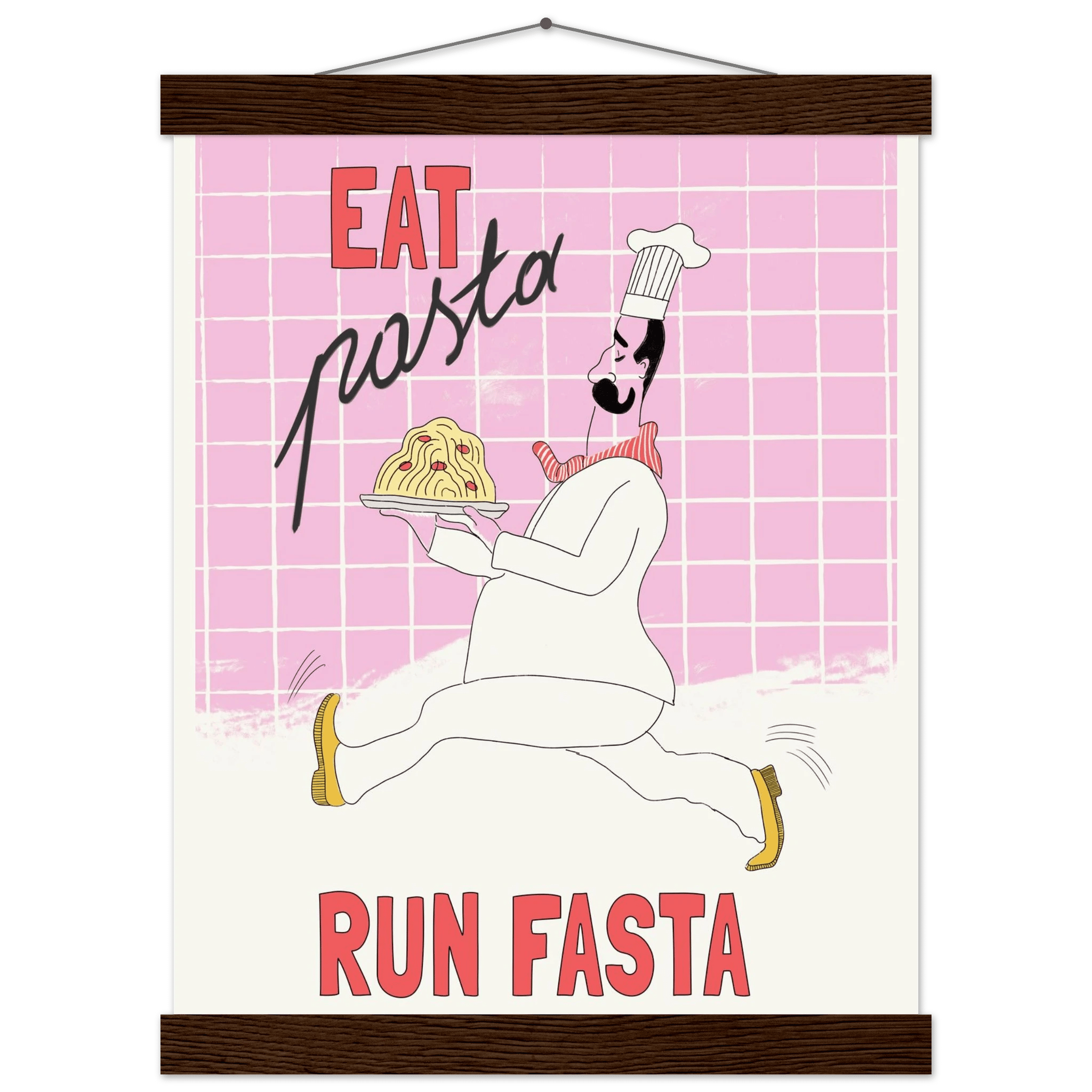 Eat Pasta Run Fasta Poster – Playful Kitchen Wall Art Print (Light Pink) - Evergreen Posters