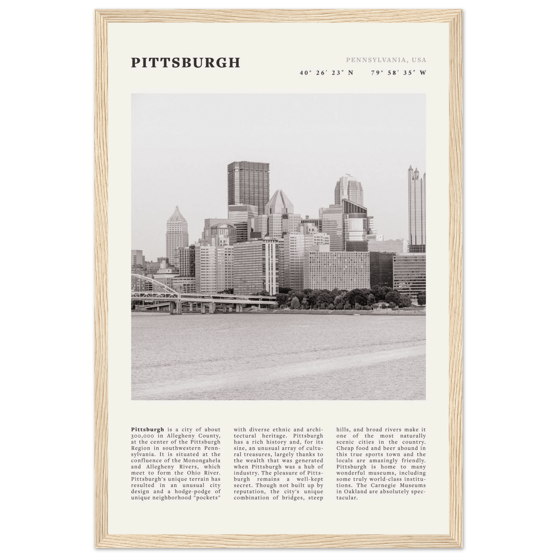 Pittsburgh Poster | Black & White Pennsylvania Skyline Wall Art | PA Travel Print - Evergreen Posters