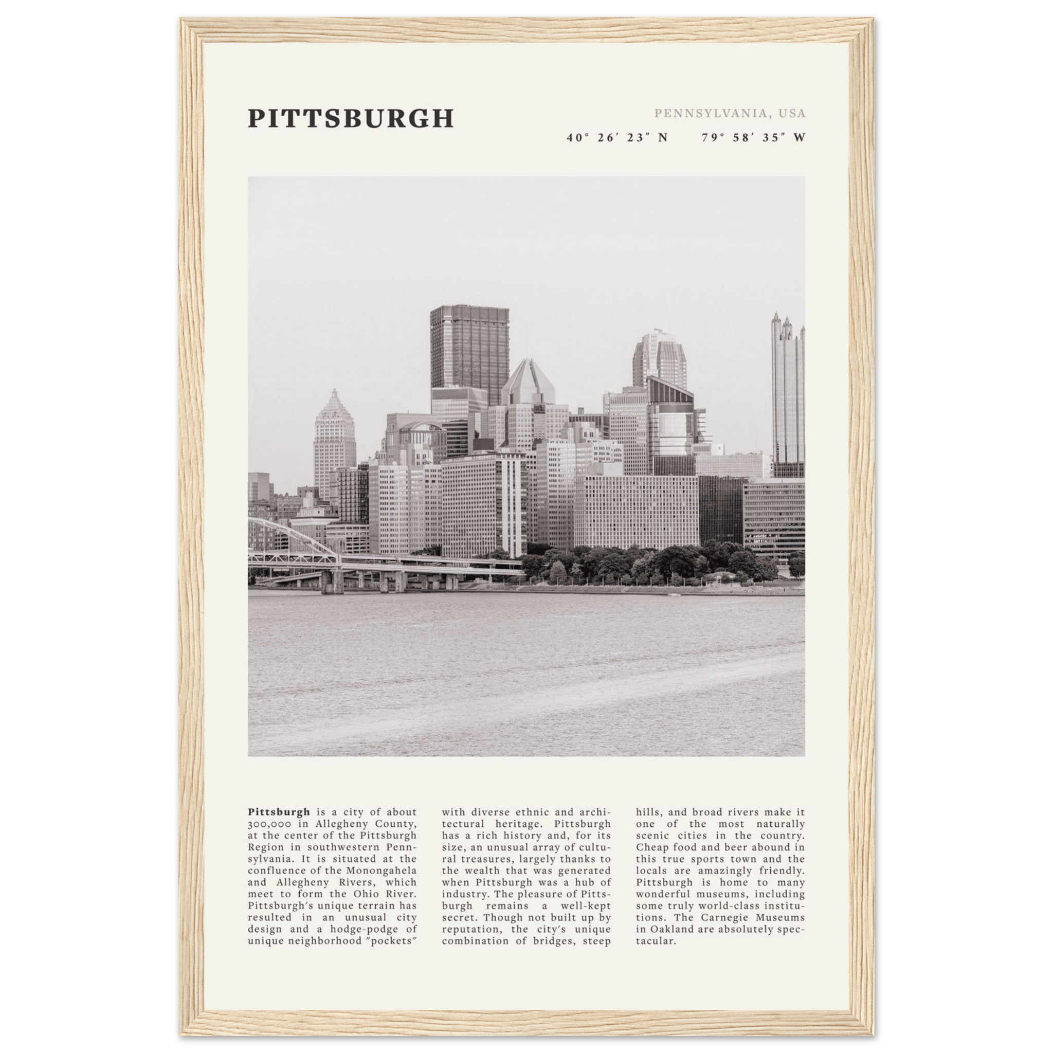 Pittsburgh Poster | Black & White Pennsylvania Skyline Wall Art | PA Travel Print - Evergreen Posters